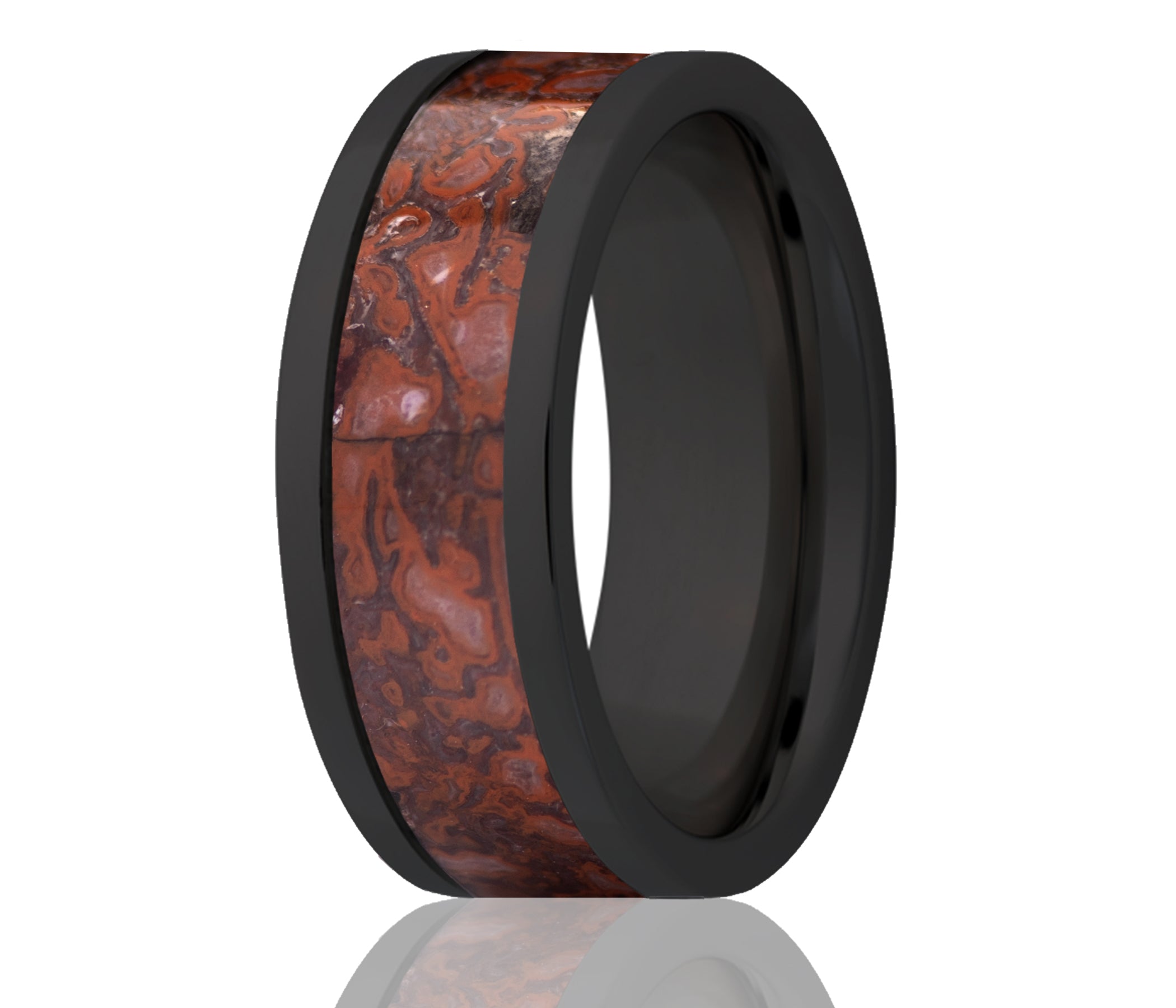 Black Ceramic Inlay Dino Red Fossil Ring