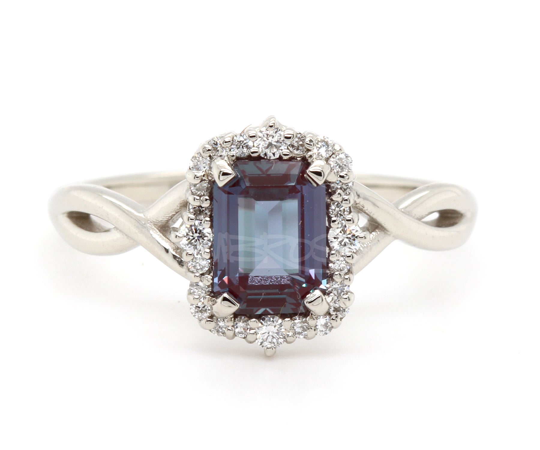 Emerald cut Alexandrite Halo Twist Diamond Engagement Ring