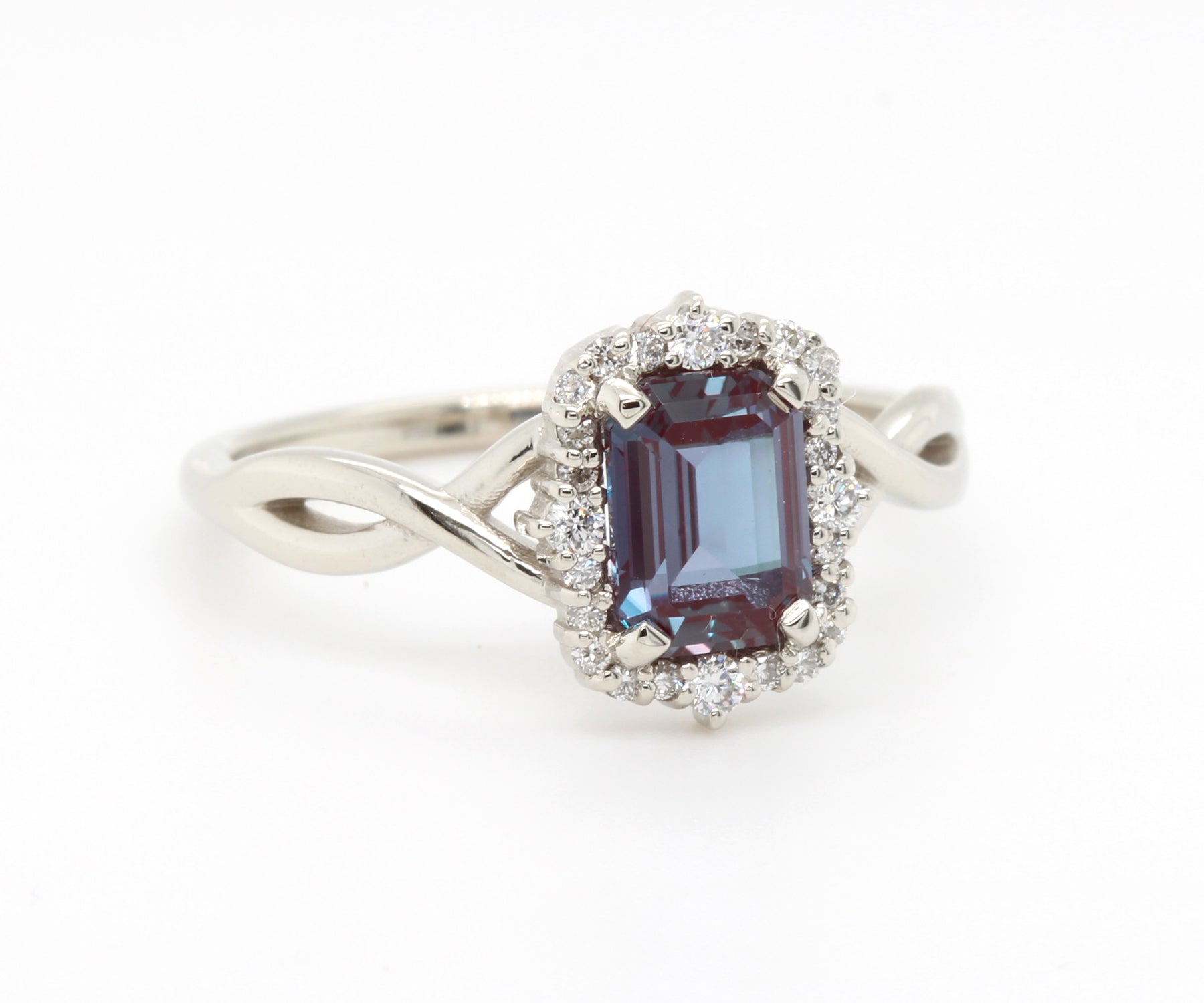Emerald cut Alexandrite Halo Twist Diamond Engagement Ring