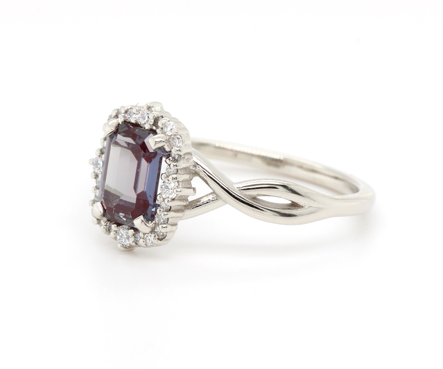 Emerald cut Alexandrite Halo Twist Diamond Engagement Ring