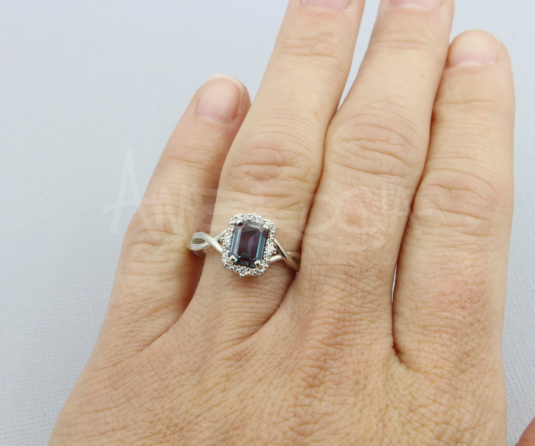 Emerald cut Alexandrite Halo Twist Diamond Engagement Ring