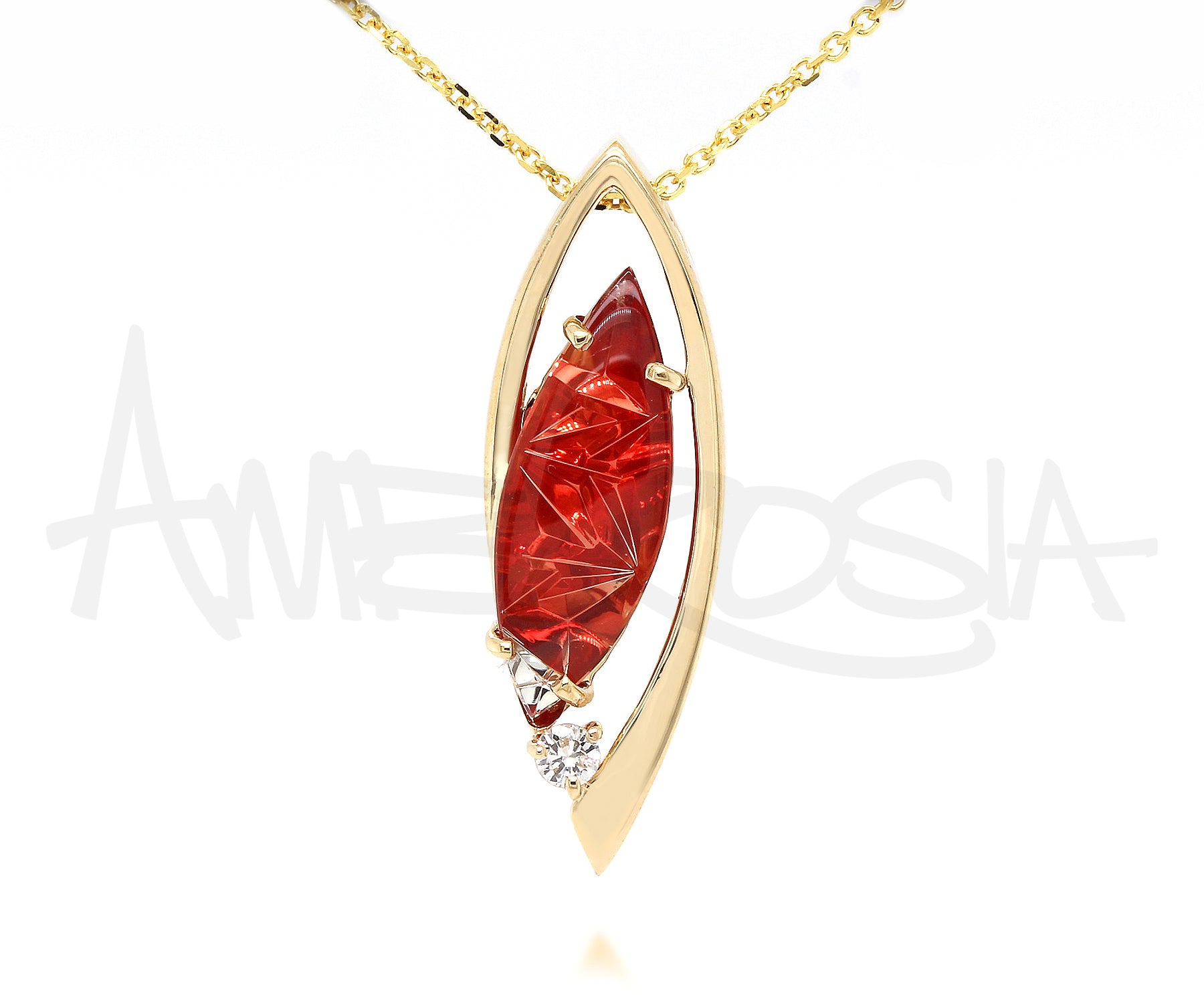 Carved Sunstone Offset Diamond Gold Marquise Necklace