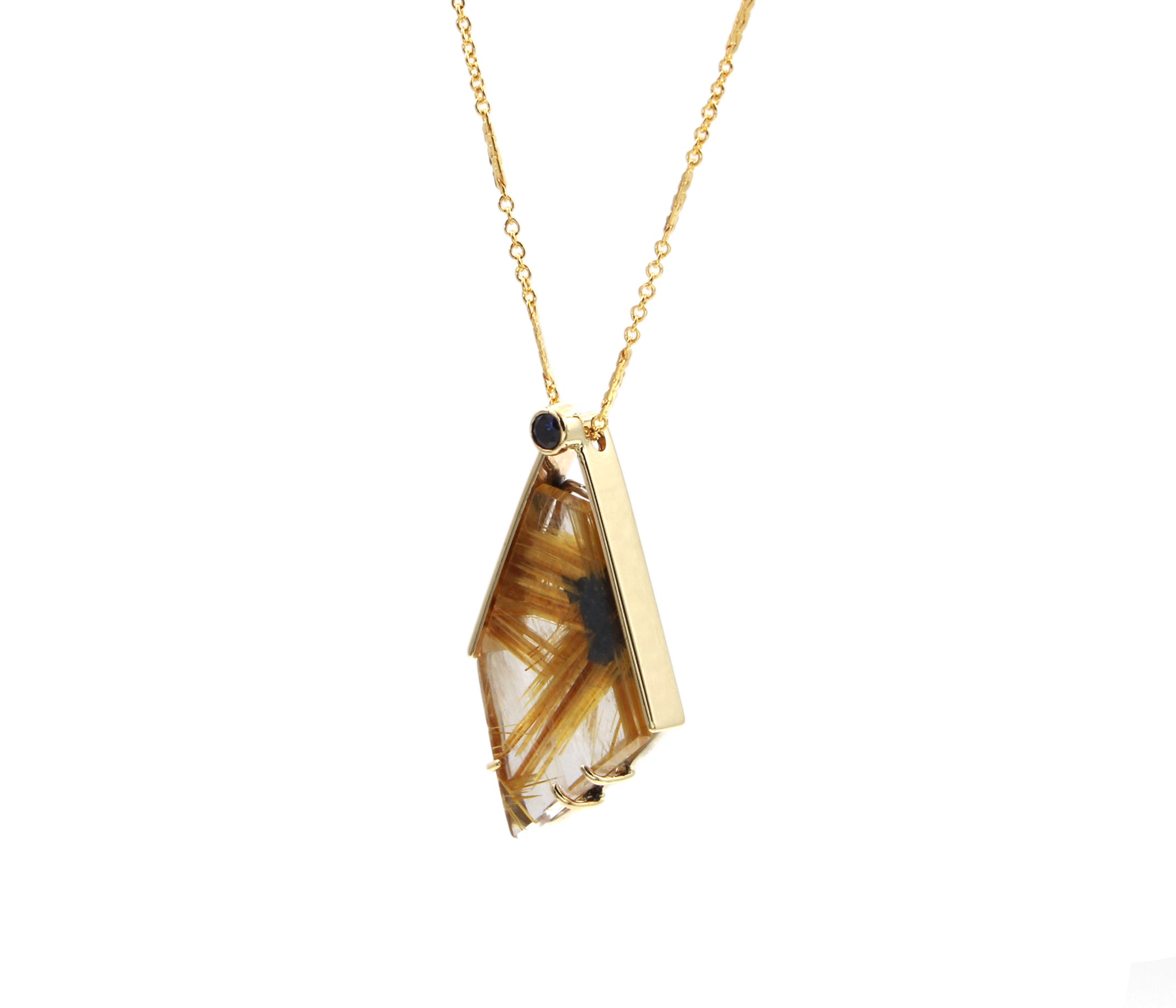 Angular Rutilated Quartz Sapphire Gold Necklace