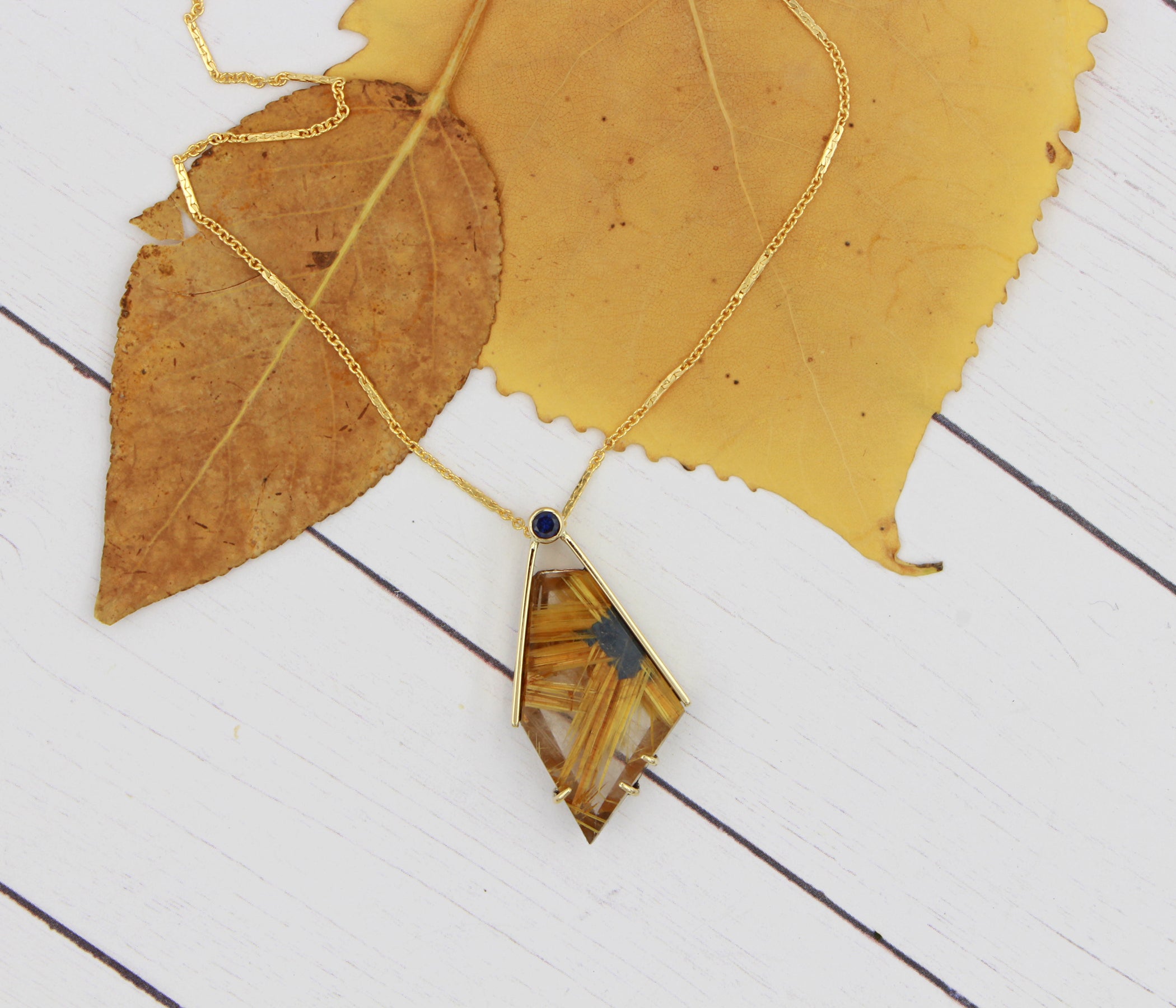 Angular Rutilated Quartz Sapphire Gold Necklace