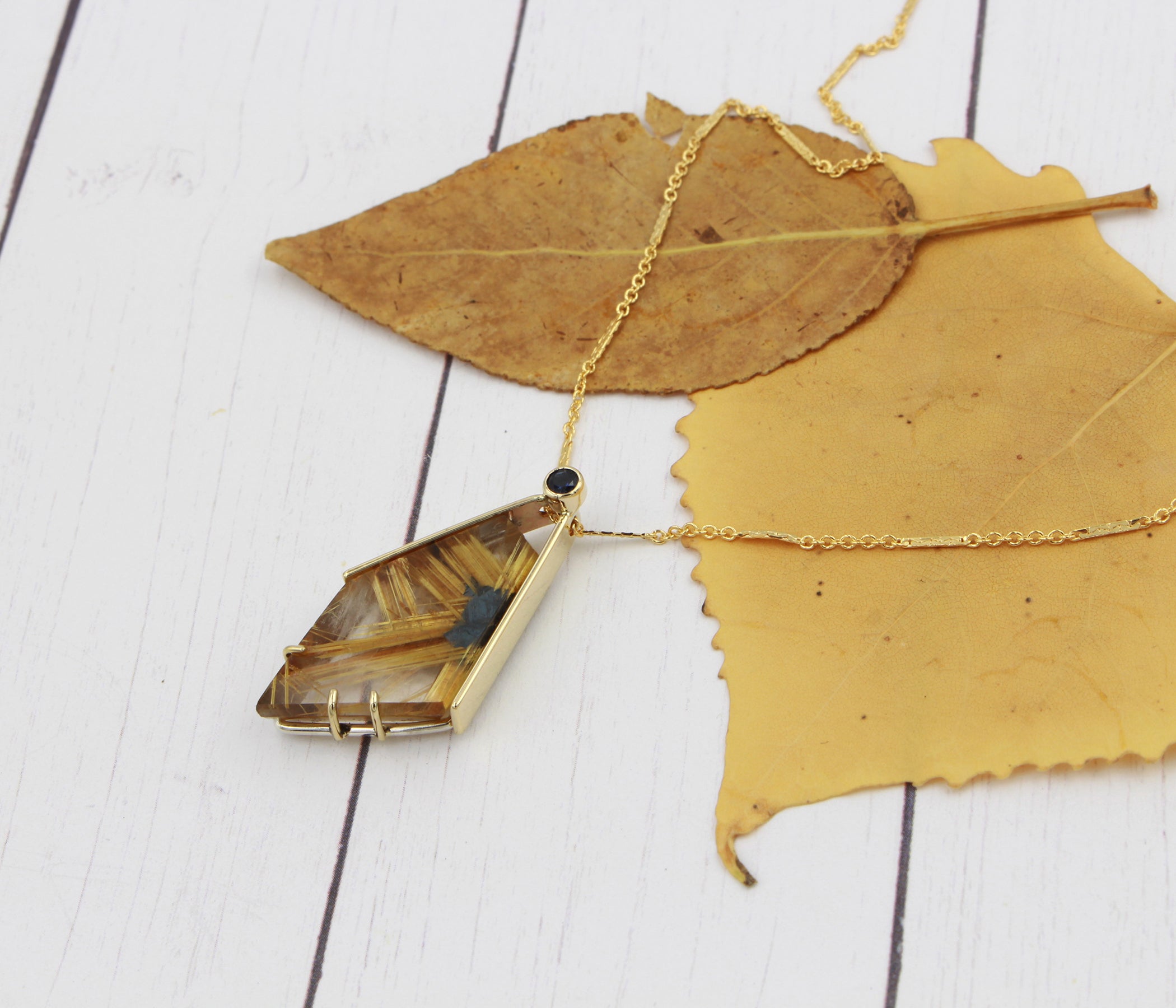 Angular Rutilated Quartz Sapphire Gold Necklace