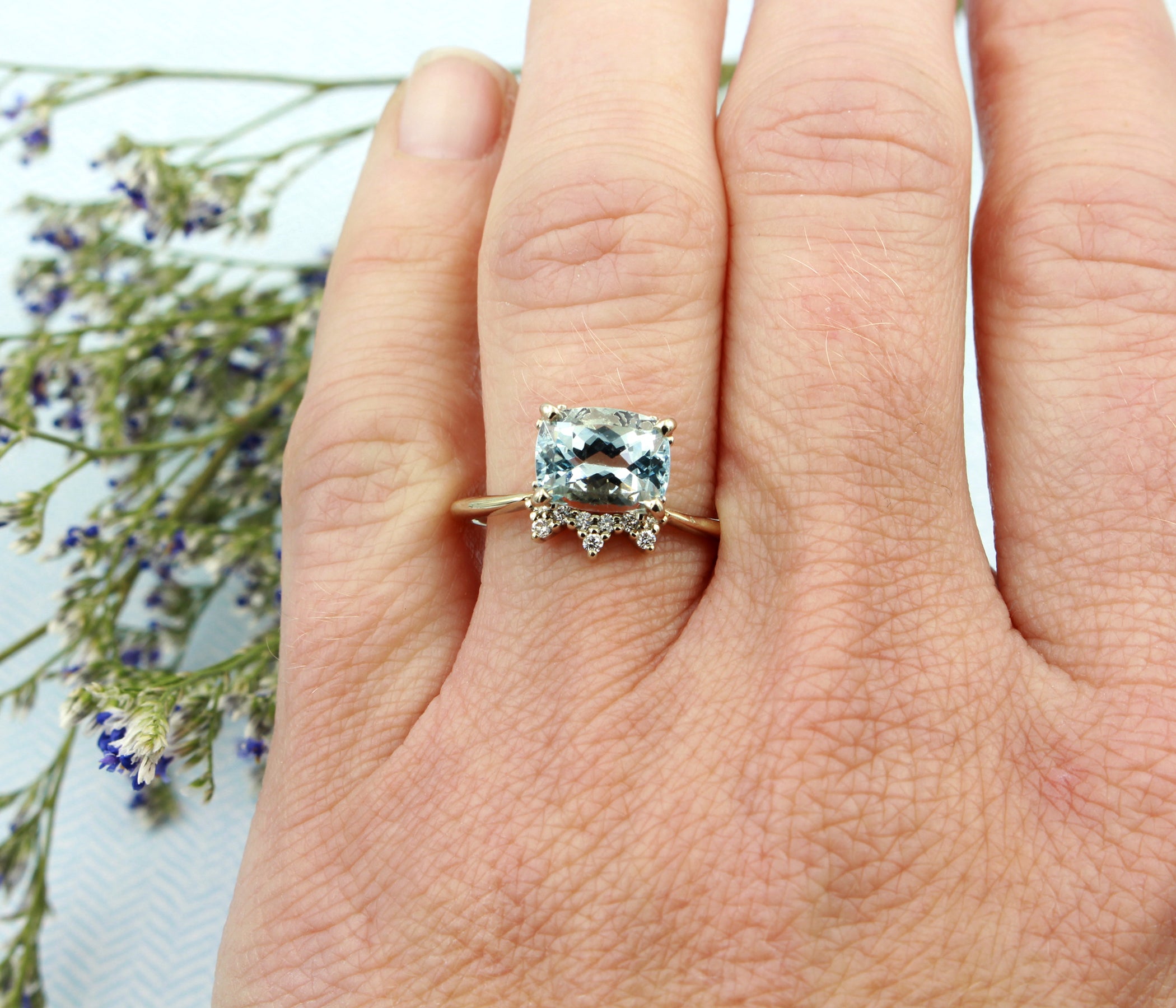 Aquamarine Dainty Crown Diamond Ring