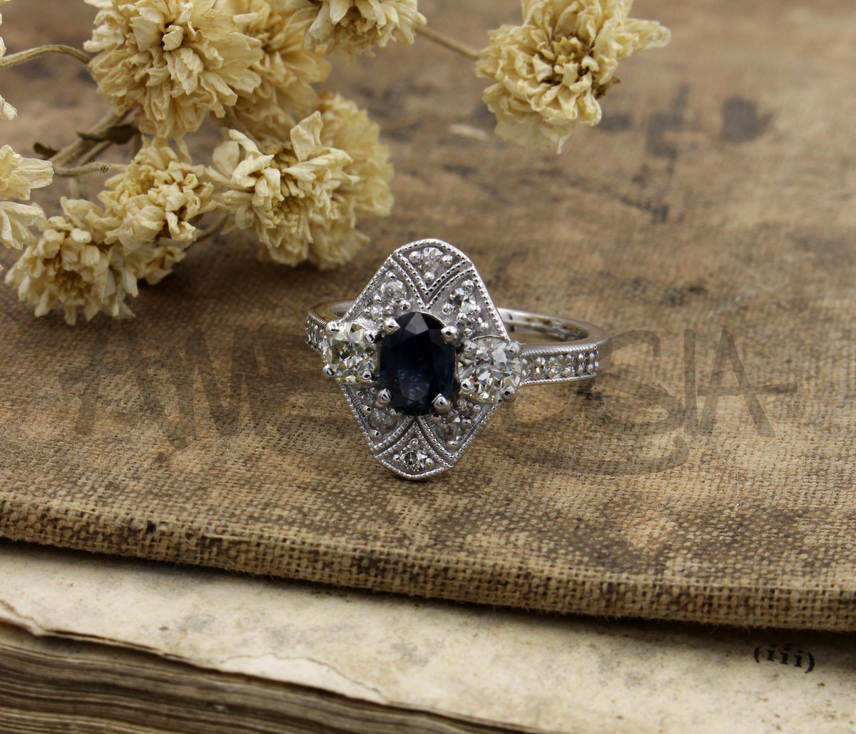 Art Deco Blue Sapphire Diamond Vintage Ring