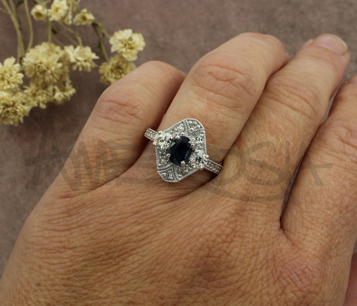Art Deco Blue Sapphire Diamond Vintage Ring