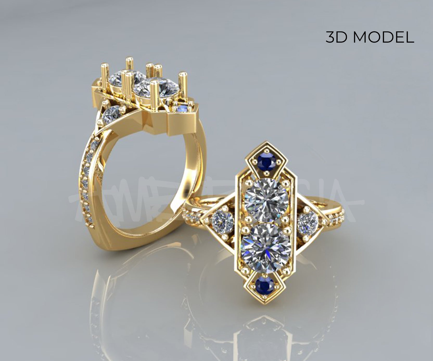 Custom Art Deco Diamond Sapphire Wedding Ring