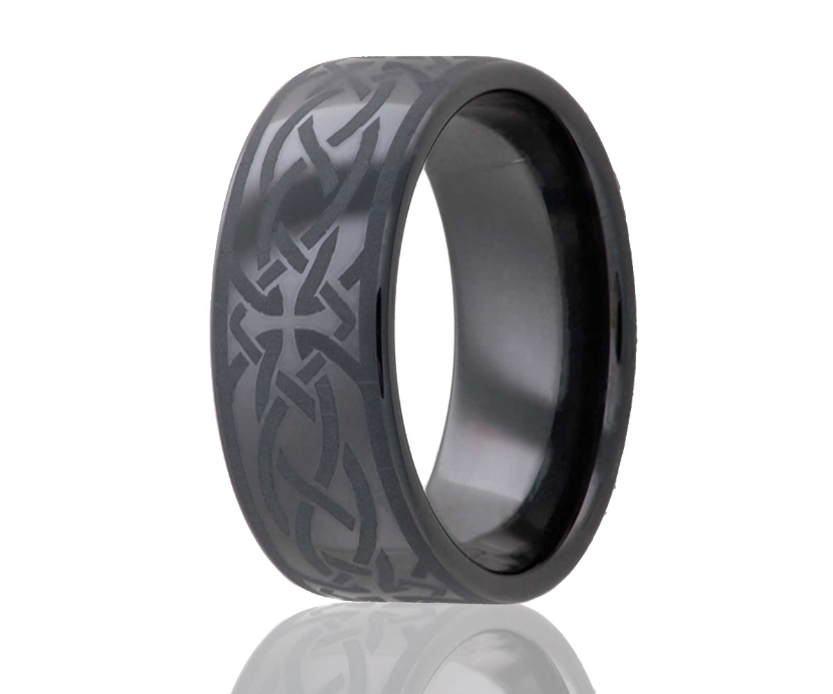 Black Ceramic Engraved Cross Flat Ring