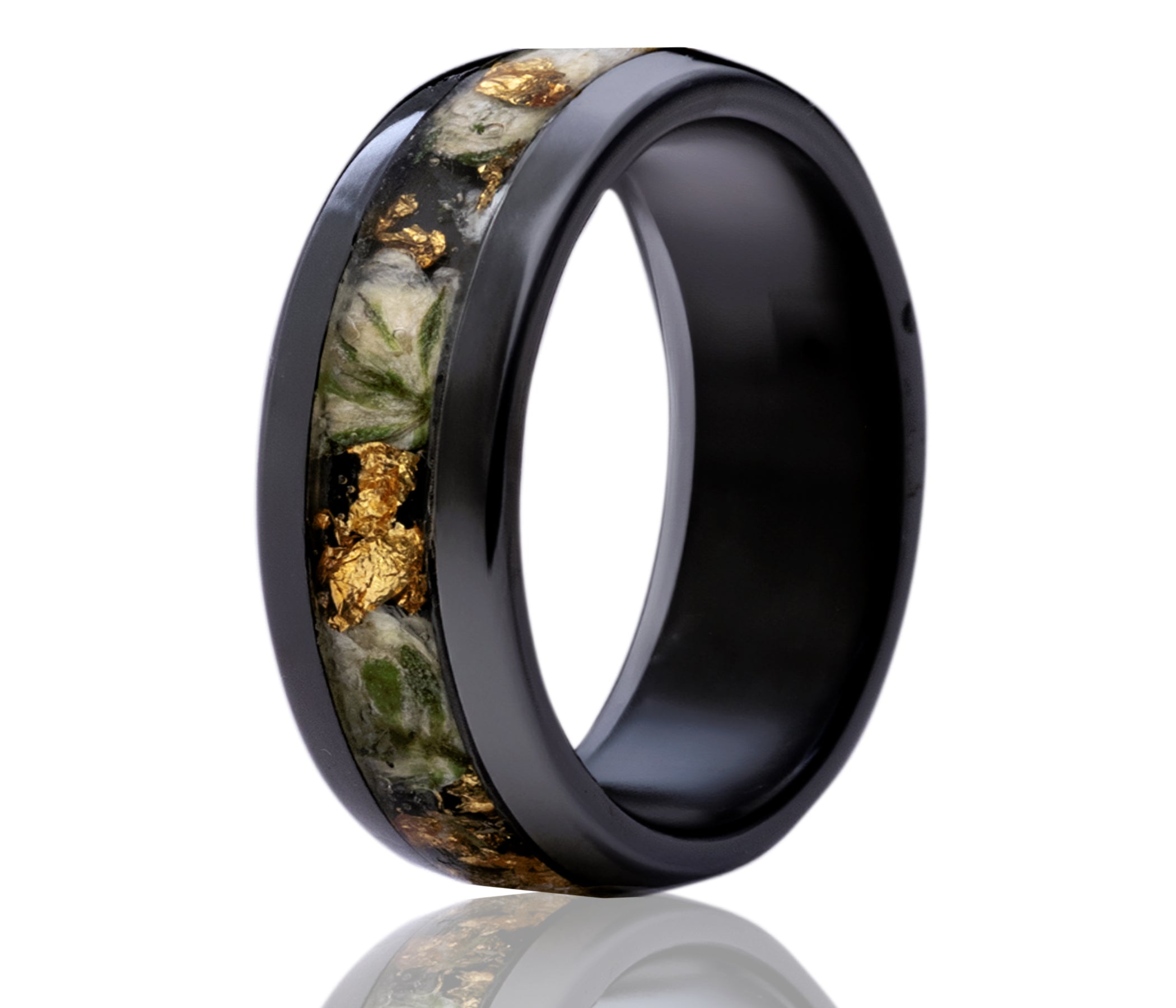 Black Ceramic Inlay Floral Mossy Gold Ring