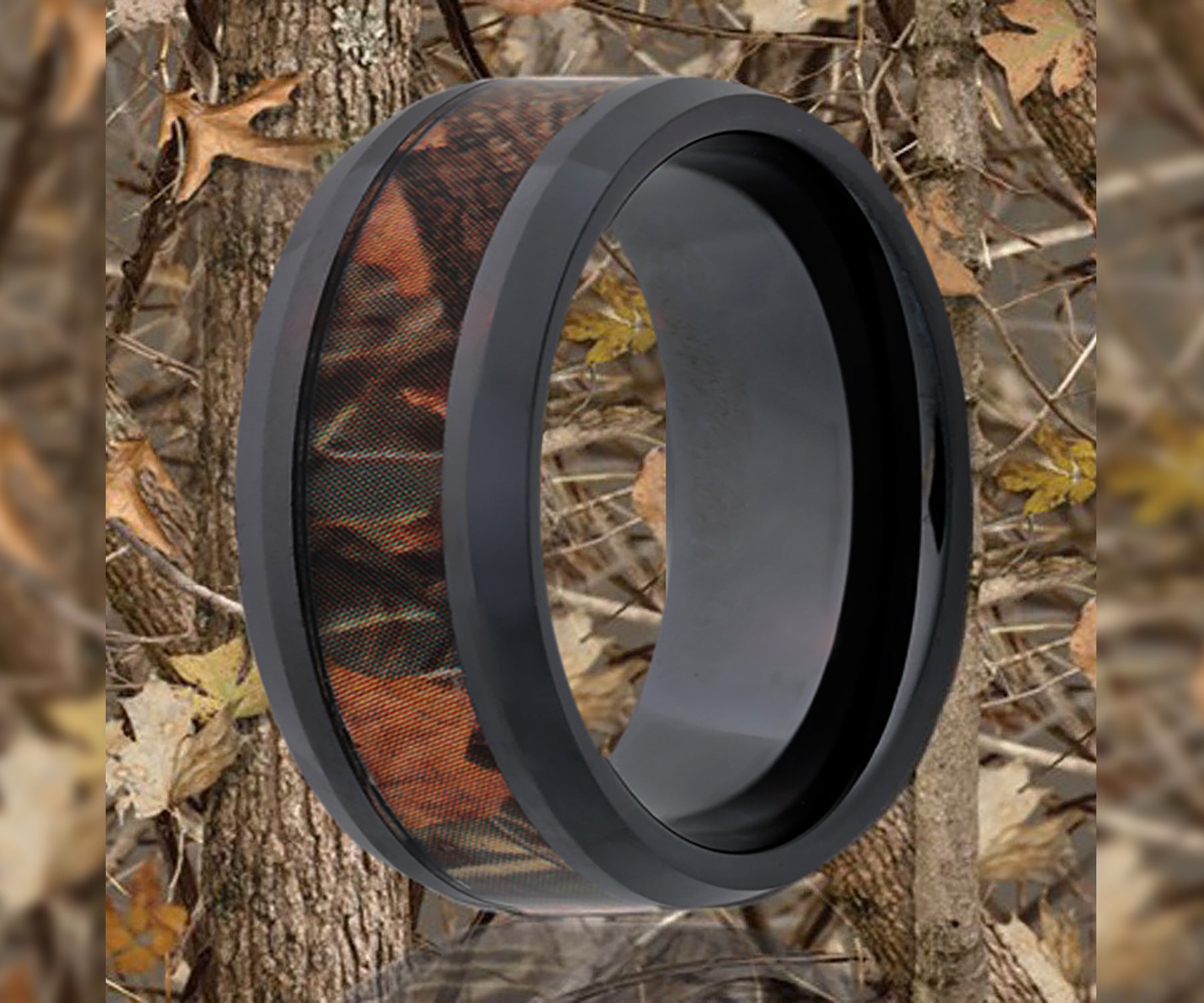 Black Ceramic Camo Timber Leaf Beveled Edge Ring