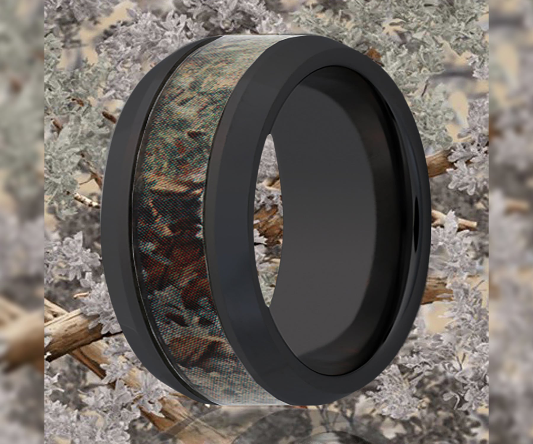 Black Ceramic Camo Desert Inlay Beveled Edge Ring