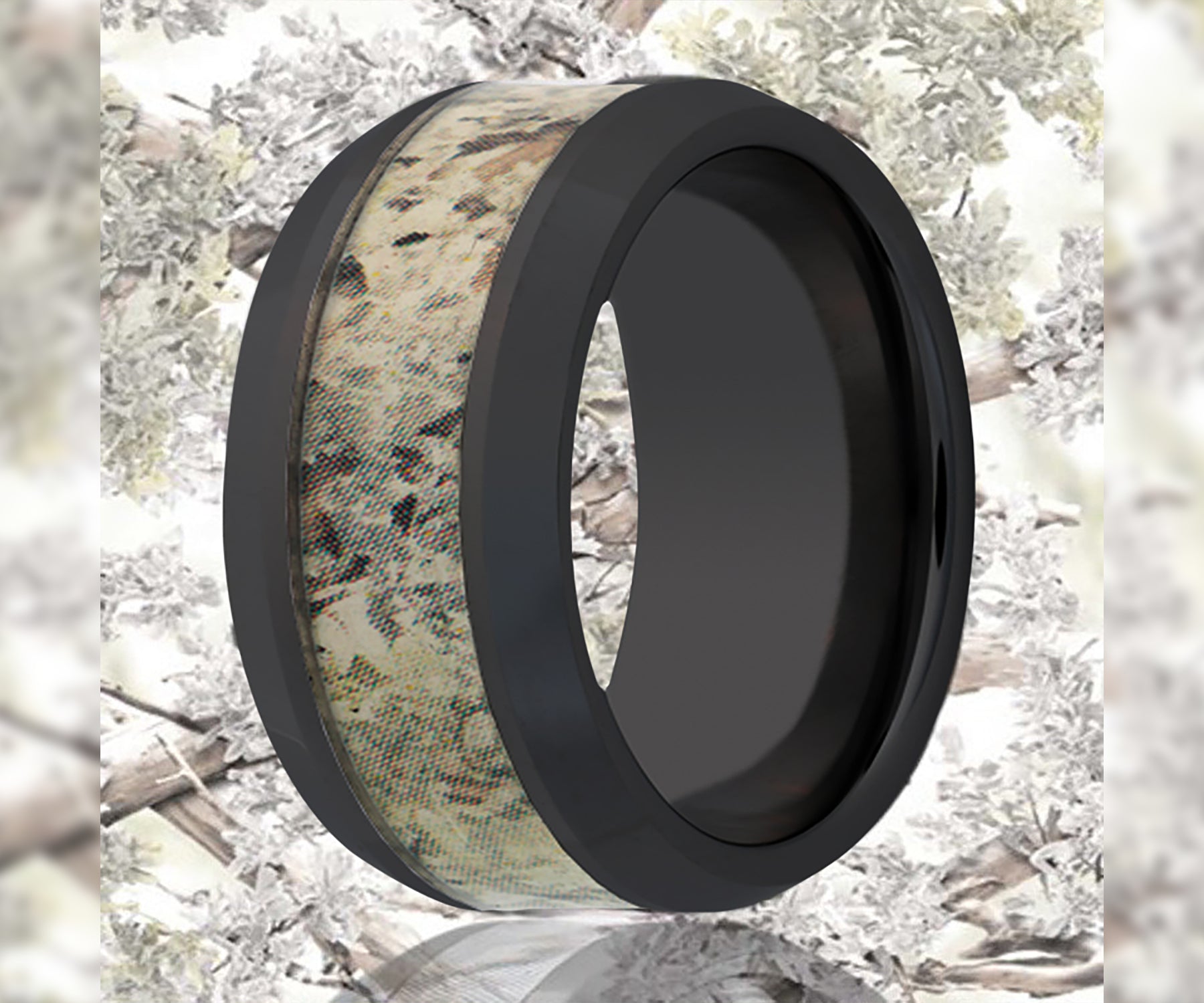 Black Ceramic Camo Snow Shadow Beveled Edge Ring