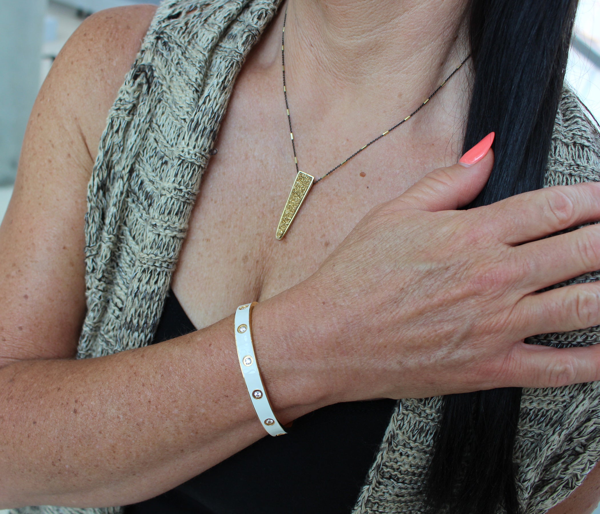 Star Spangle White Enamel Gold Bangle Bracelet