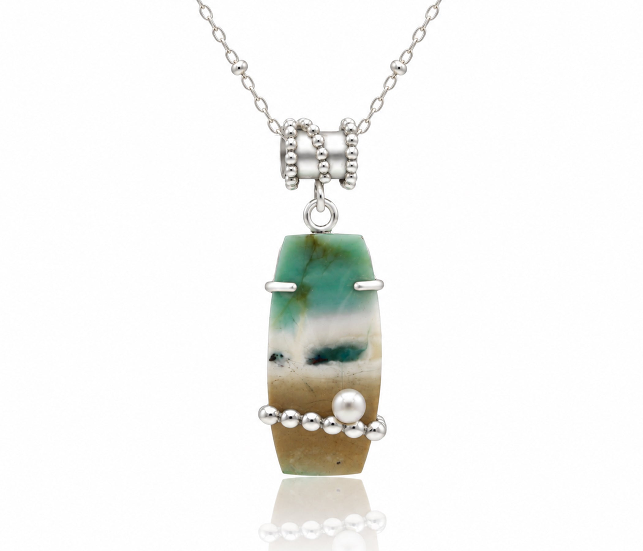 Beach Opal Petrified Wood Pearl Beaded Necklace