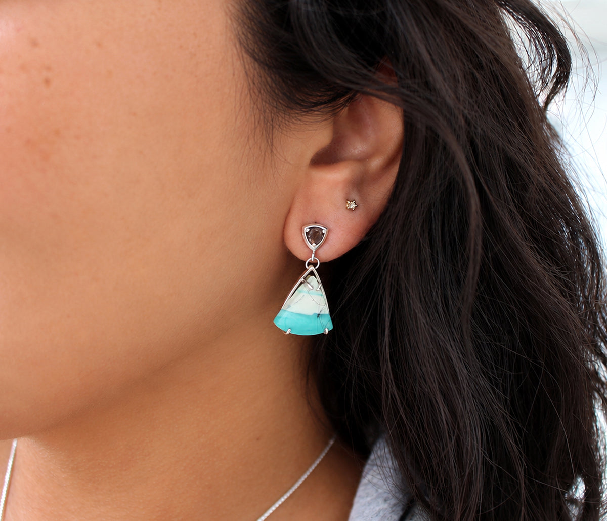 Beach Opal Petrified Wood Triangular Earrings