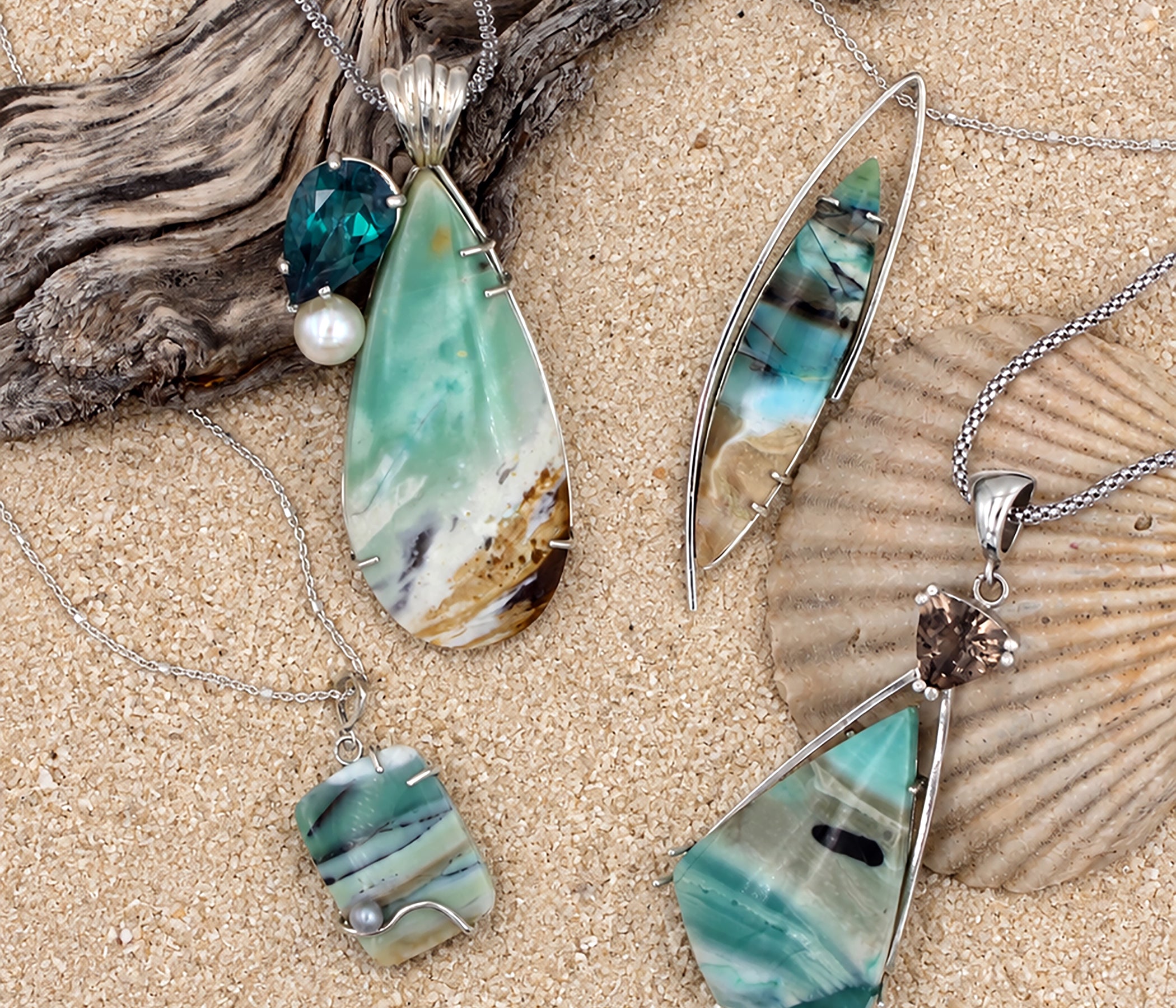 Beach Opal Petrified Wood Topaz Pearl Necklace