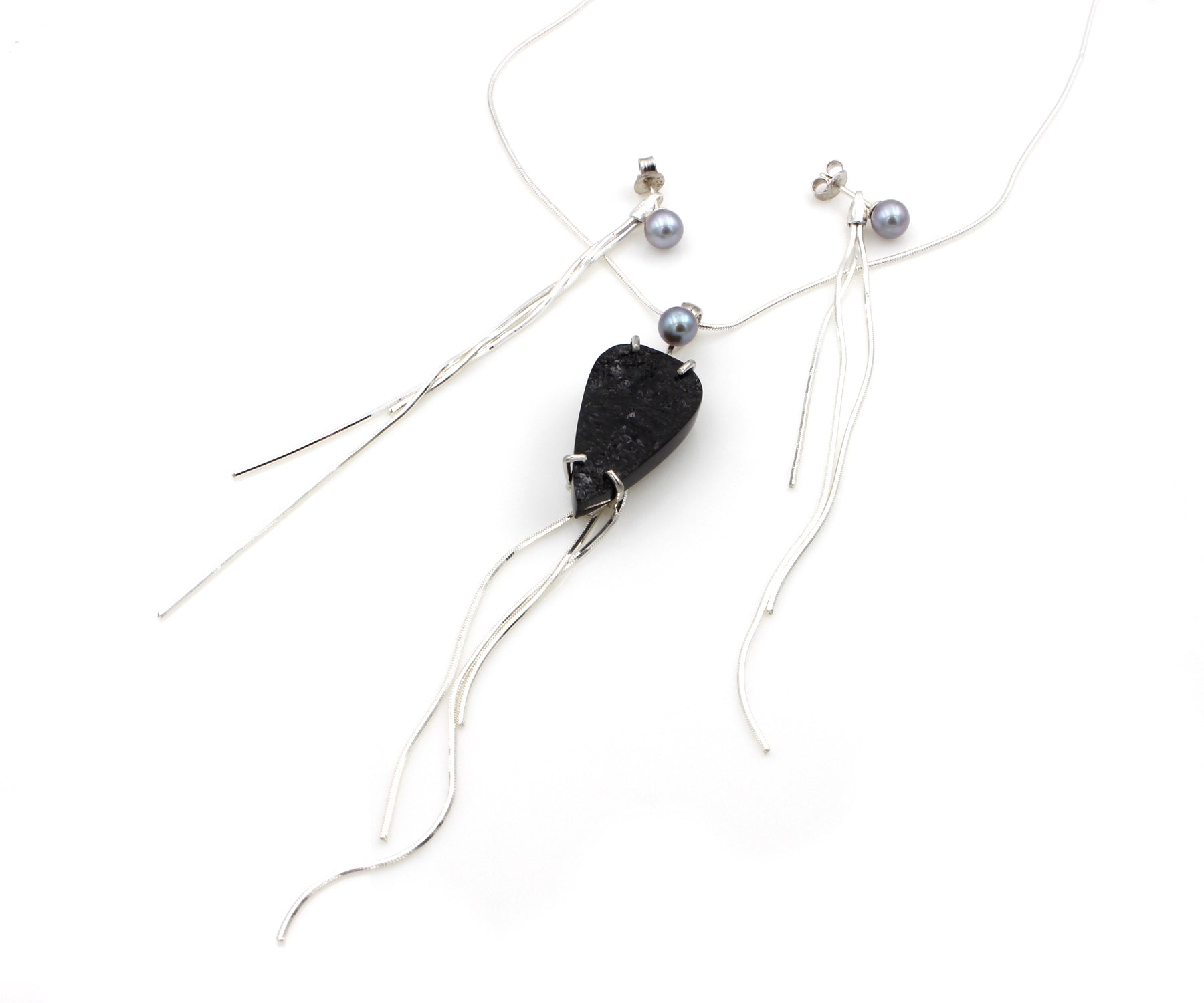 Rough Black Tourmaline Silver Tassel Jewelry Set