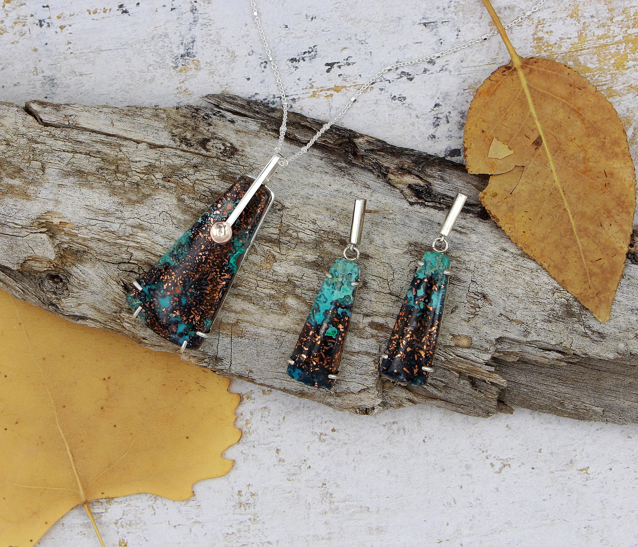 Chrysocolla Dangling Bar Silver Earrings