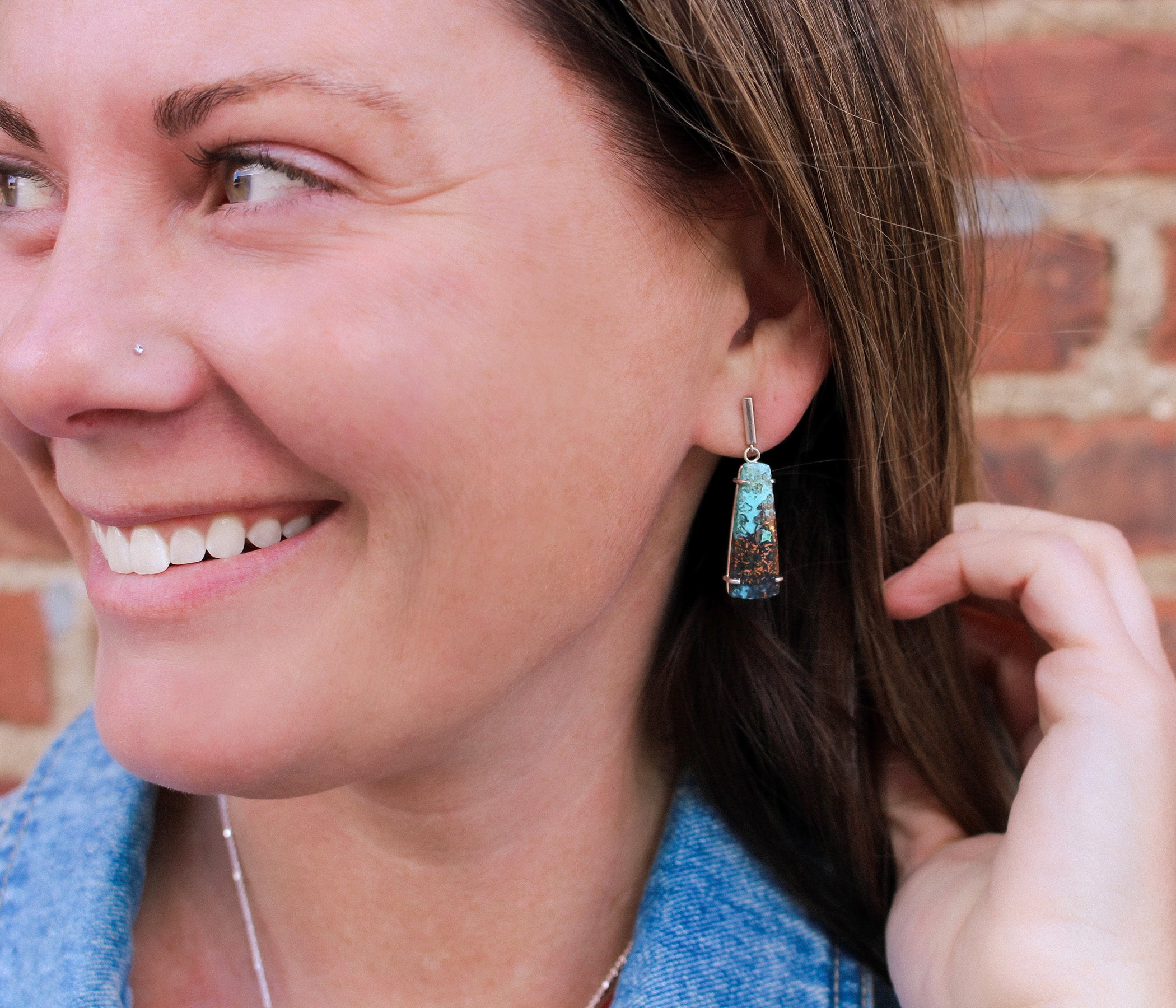 Chrysocolla Dangling Bar Silver Earrings