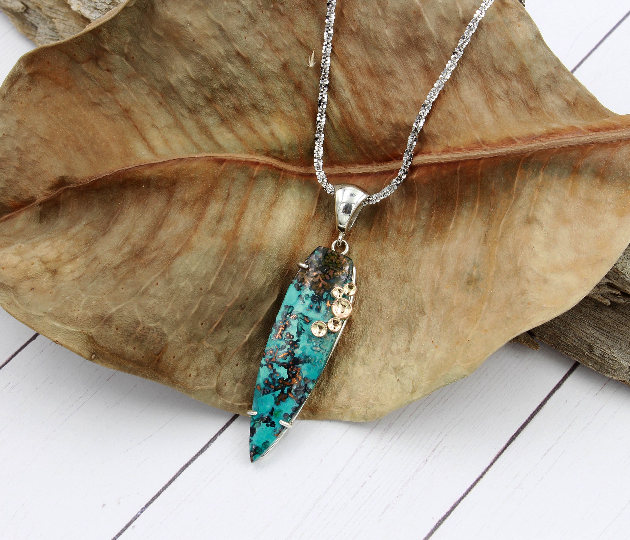 Large Confetti Chrysocolla Rose Gold Dimple Necklace