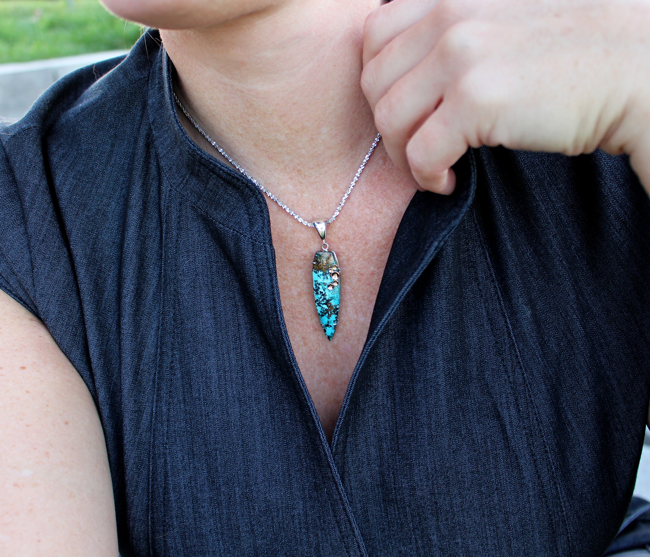 Large Confetti Chrysocolla Rose Gold Dimple Necklace