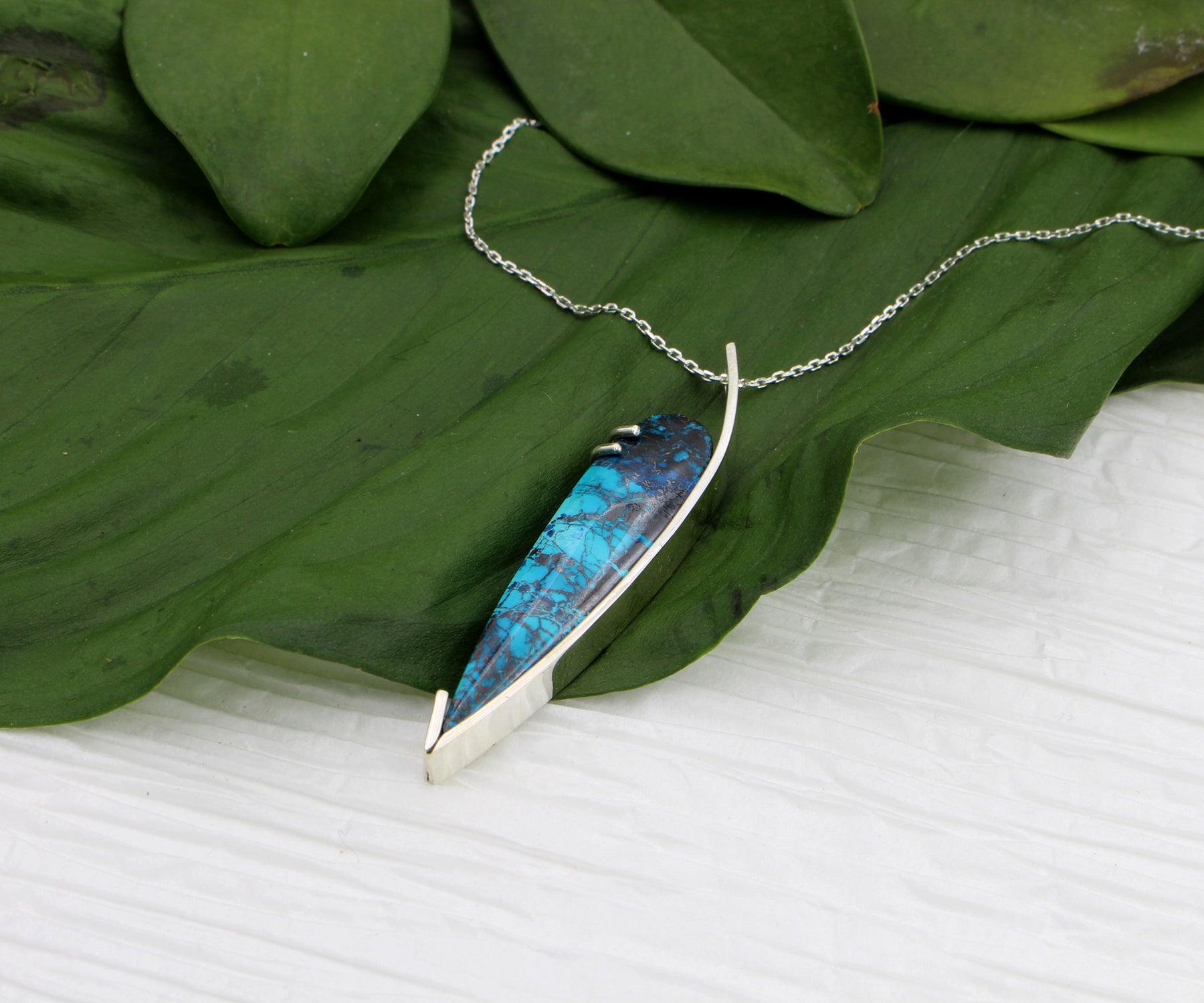 Modern Teardrop Chrysocolla Silver Necklace
