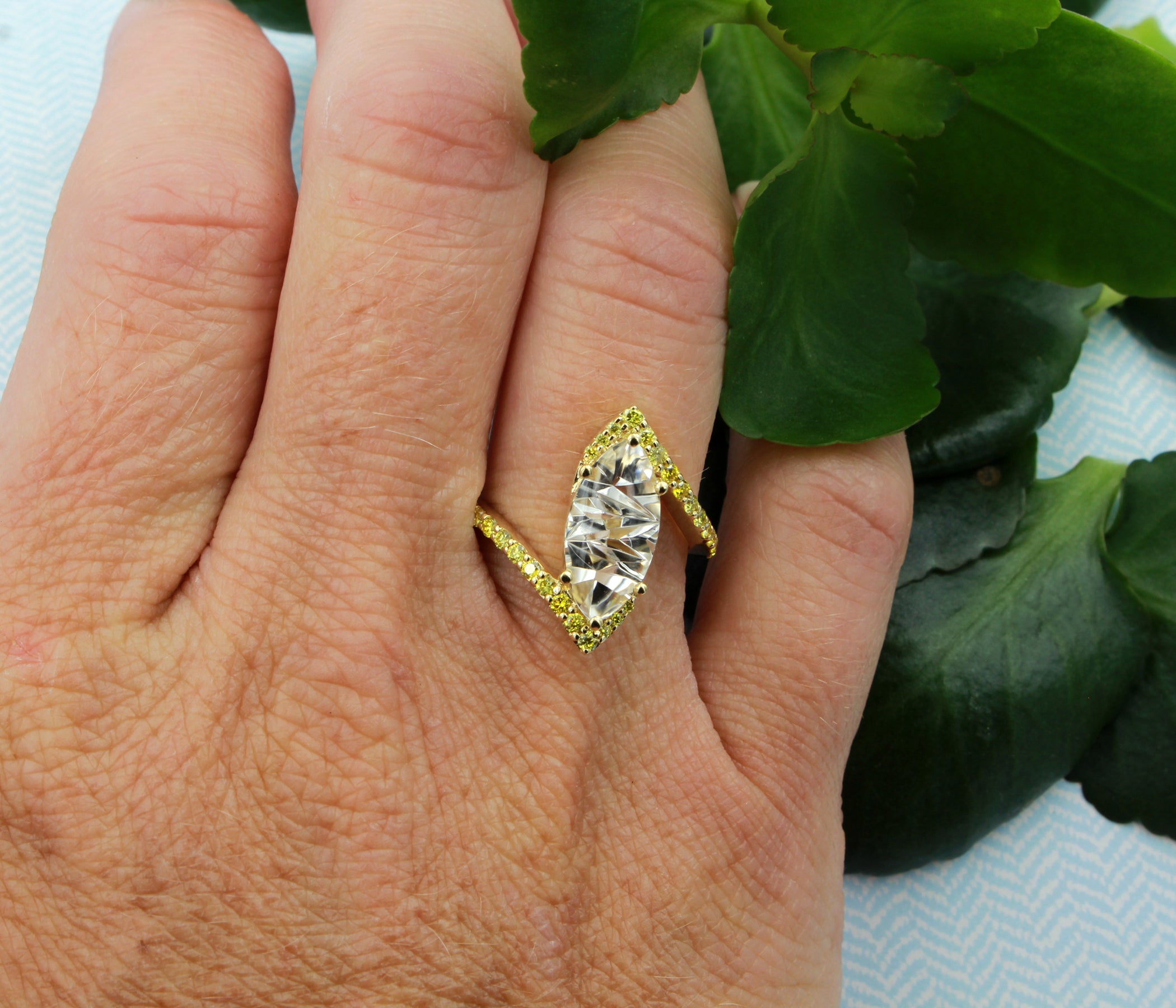 Marquise White Topaz Bypass Yellow Diamond Ring