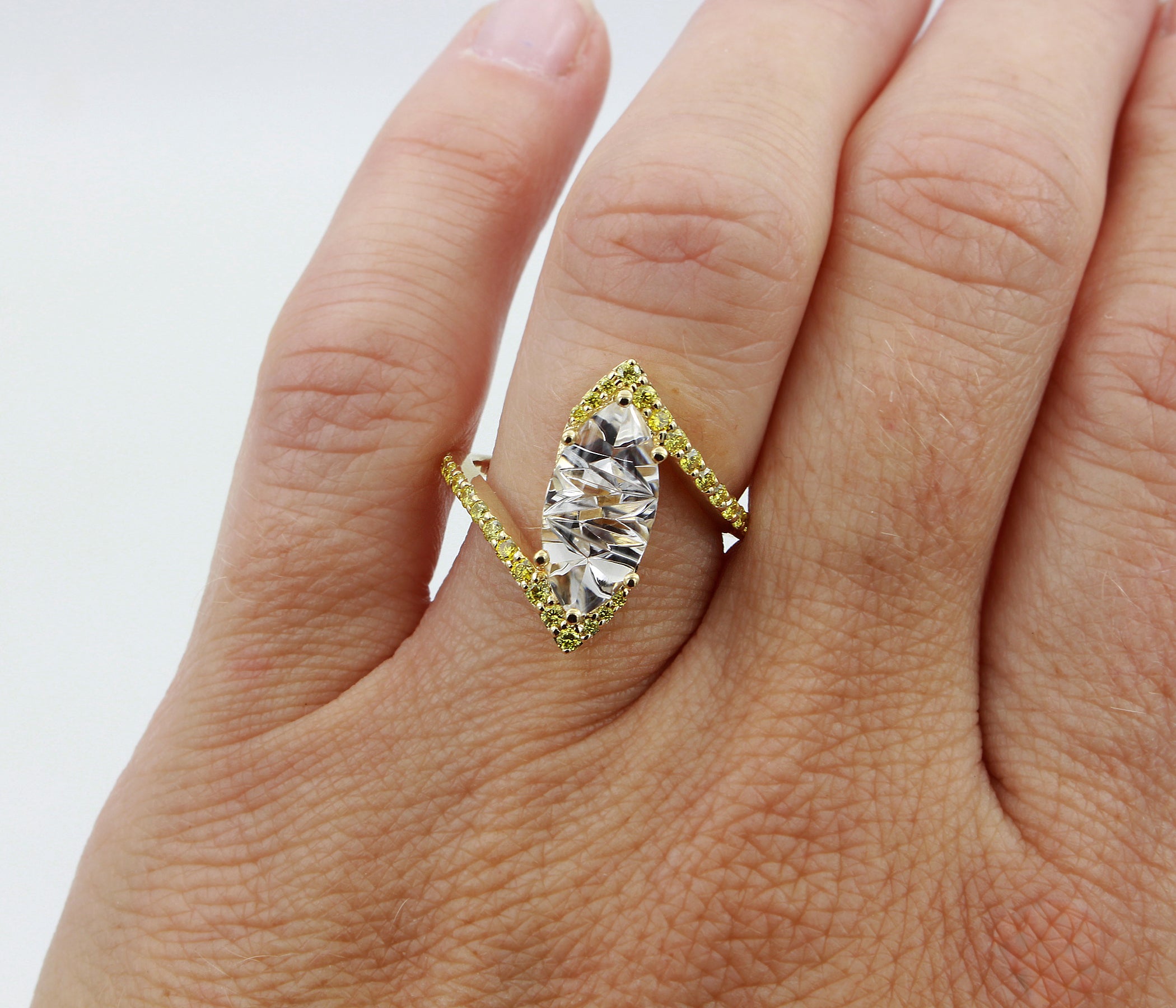 Marquise White Quartz Bypass Yellow Diamond Ring