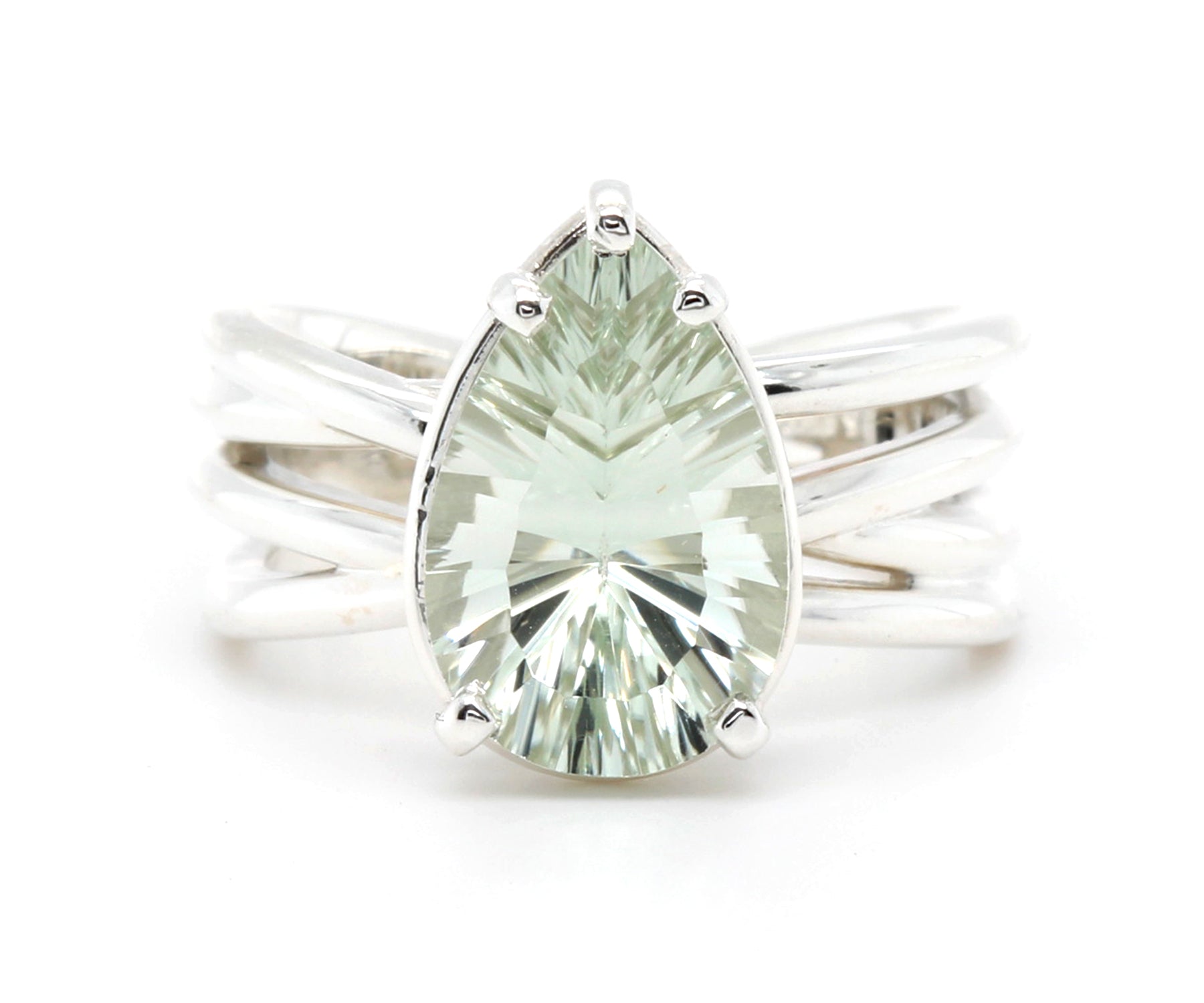 Multirow Criss Cross Green Amethyst Teardrop Ring