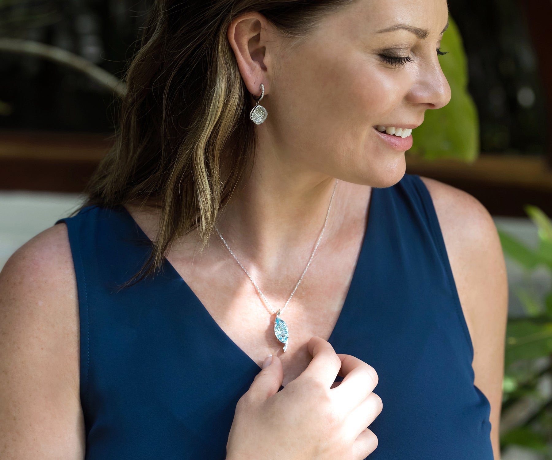 Curved Marquise Blue Topaz Modern Necklace