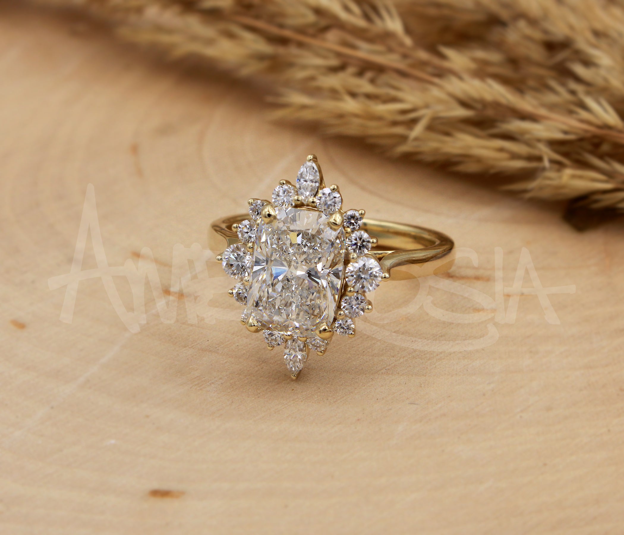 Elongated Cushion Starburst Halo Engagement Ring