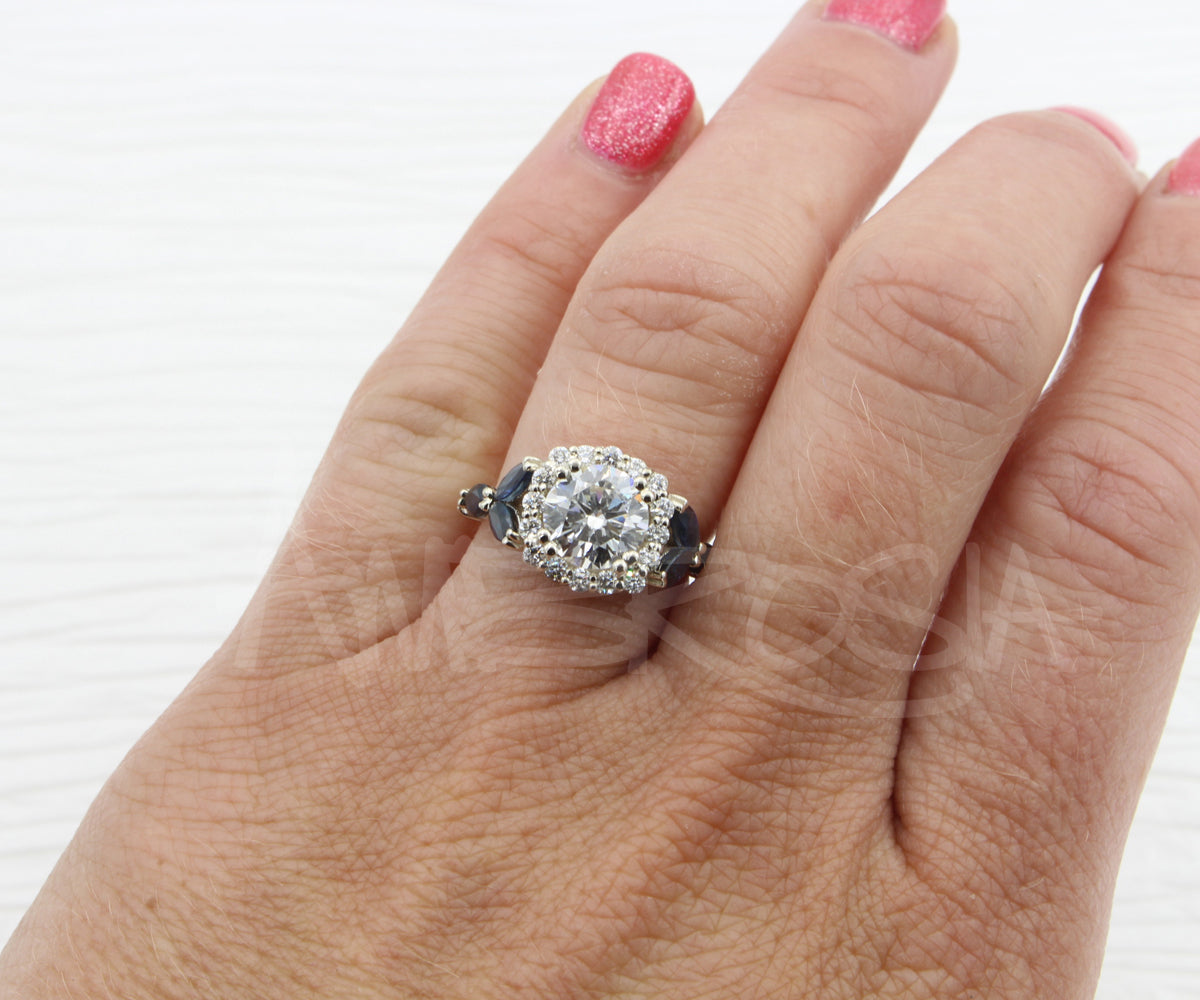Cushion Diamond Marquise Sapphire Scalloped Halo Engagement Ring