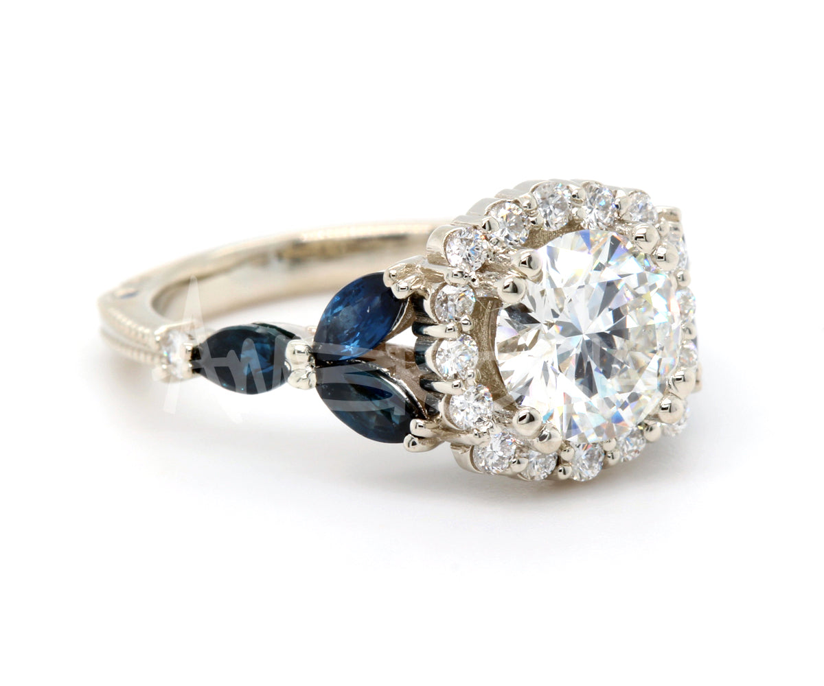 Cushion Diamond Marquise Sapphire Scalloped Halo Engagement Ring