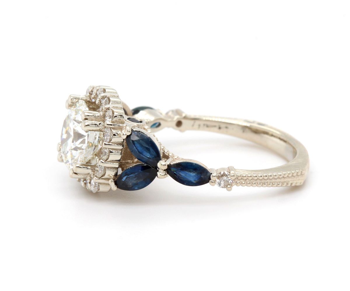 Cushion Diamond Marquise Sapphire Scalloped Halo Engagement Ring