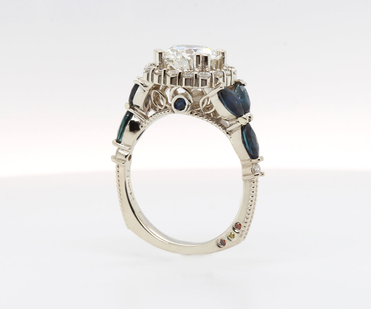 Cushion Diamond Marquise Sapphire Scalloped Halo Engagement Ring