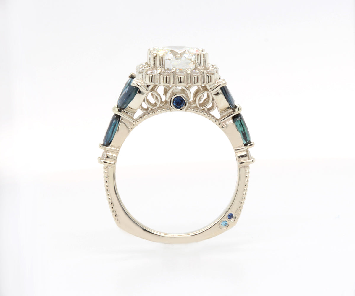 Cushion Diamond Marquise Sapphire Scalloped Halo Engagement Ring