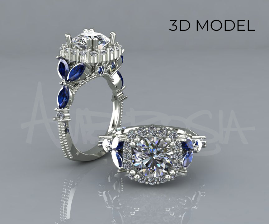 Cushion Diamond Marquise Sapphire Scalloped Halo Engagement Ring