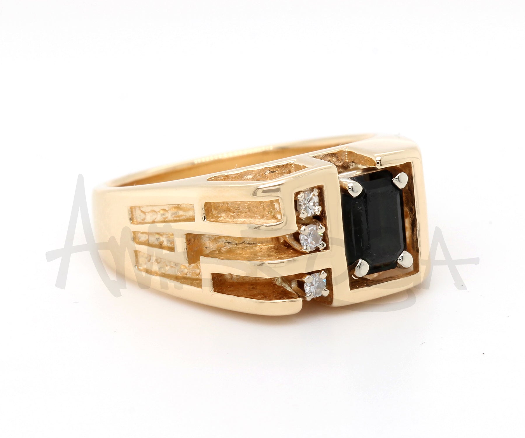 Geometric Cutout Gold Black Diamond Mens Ring