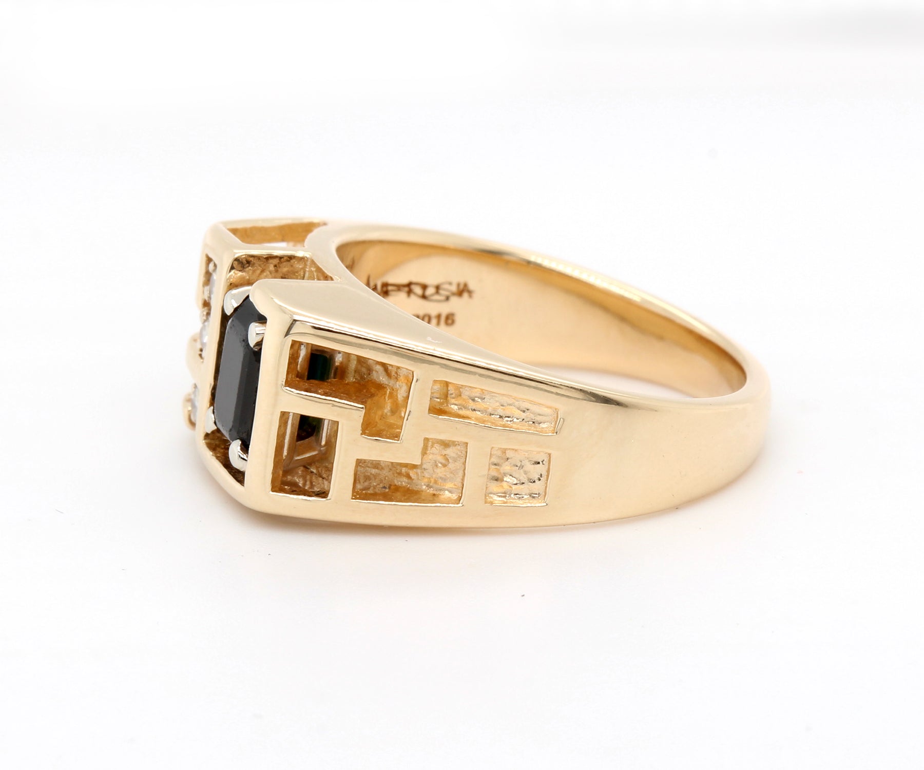 Geometric Cutout Gold Black Diamond Mens Ring