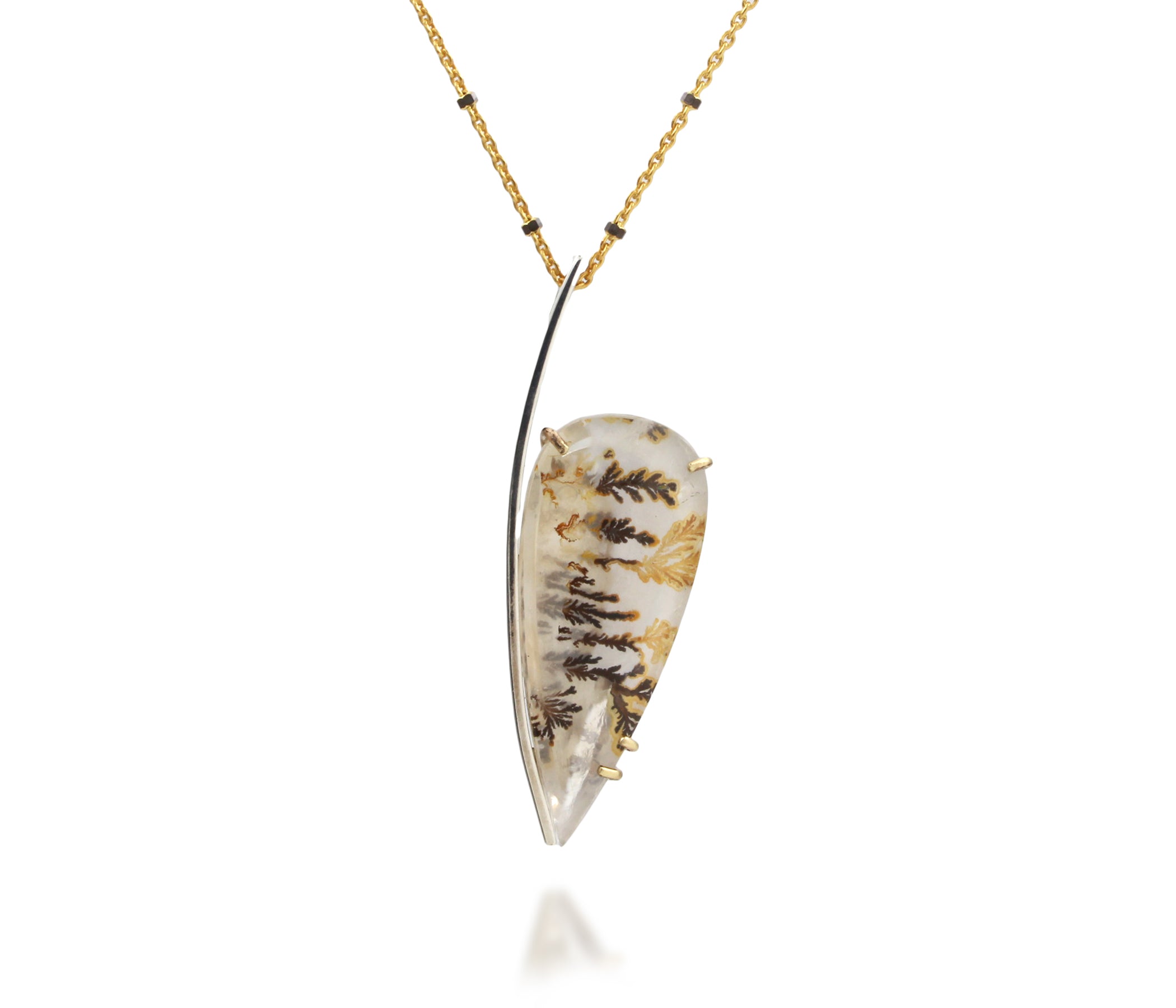 Dendritic Quartz Floral Offset Teardrop Gold Necklace