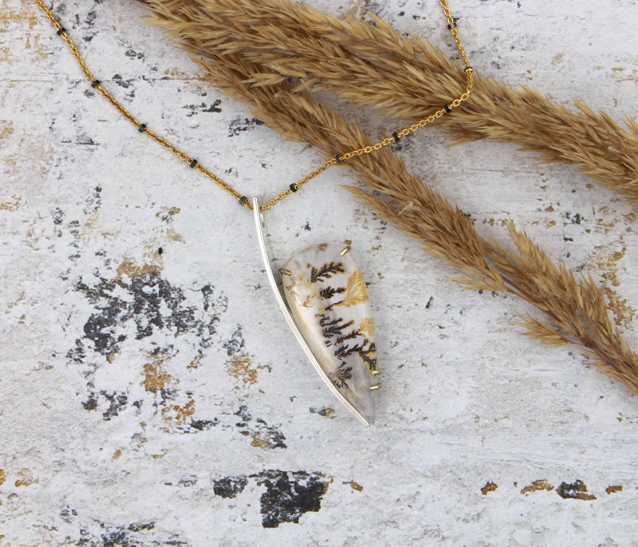 Dendritic Quartz Floral Offset Teardrop Gold Necklace