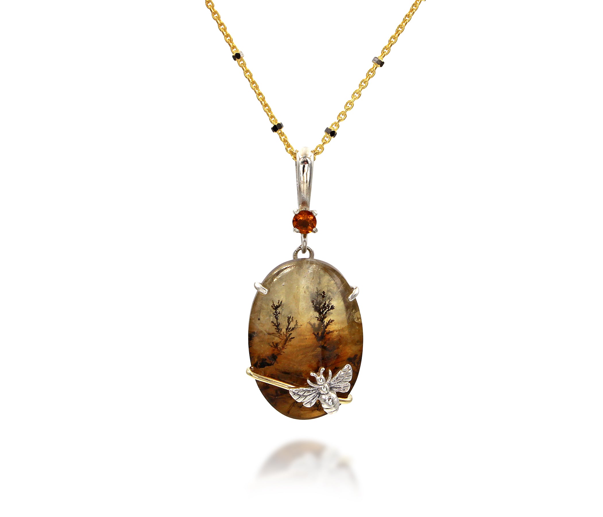 Dendritic Quartz Floral Oval Bee Gold Necklace