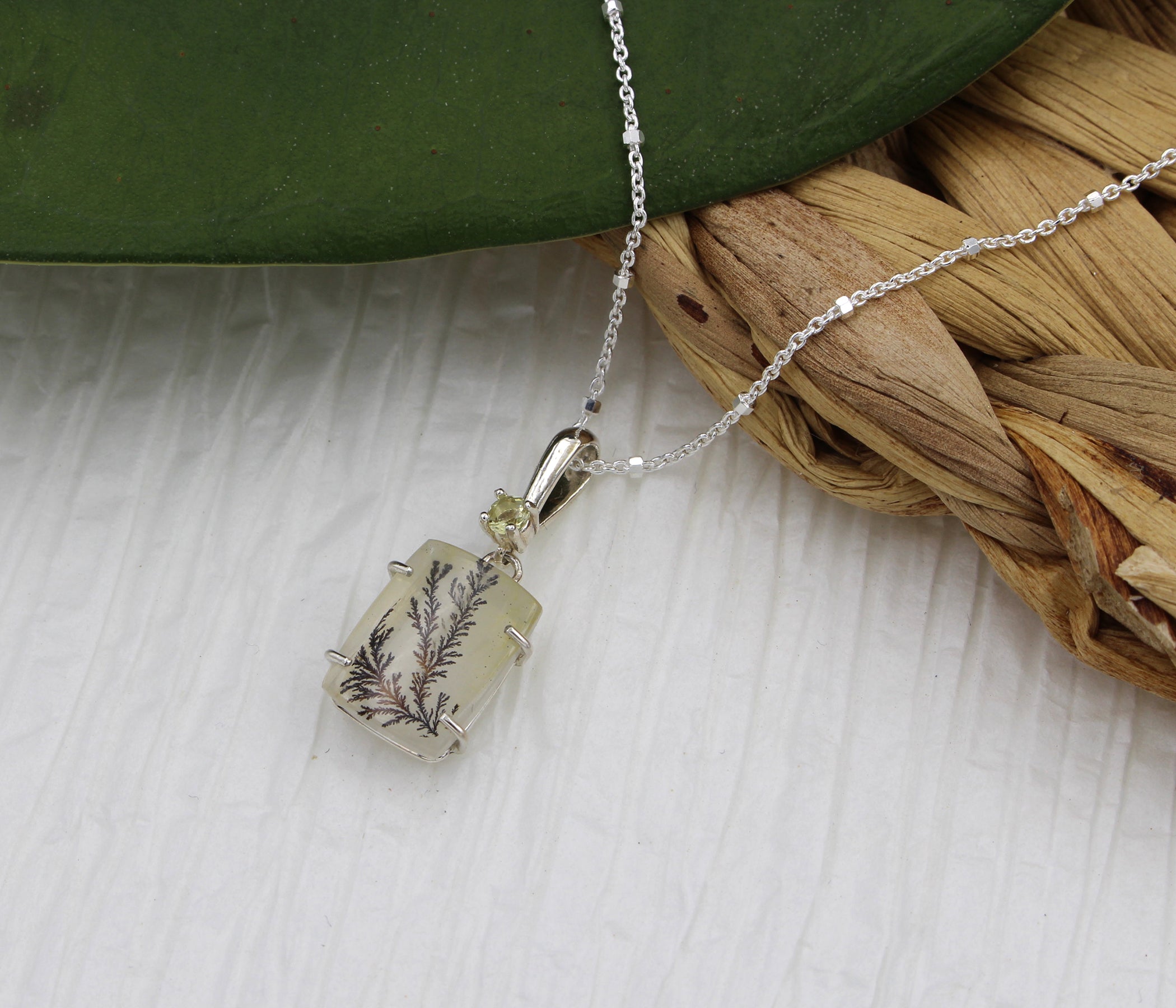 Dendritic Quartz Floral Small Rectangle Lemon Necklace