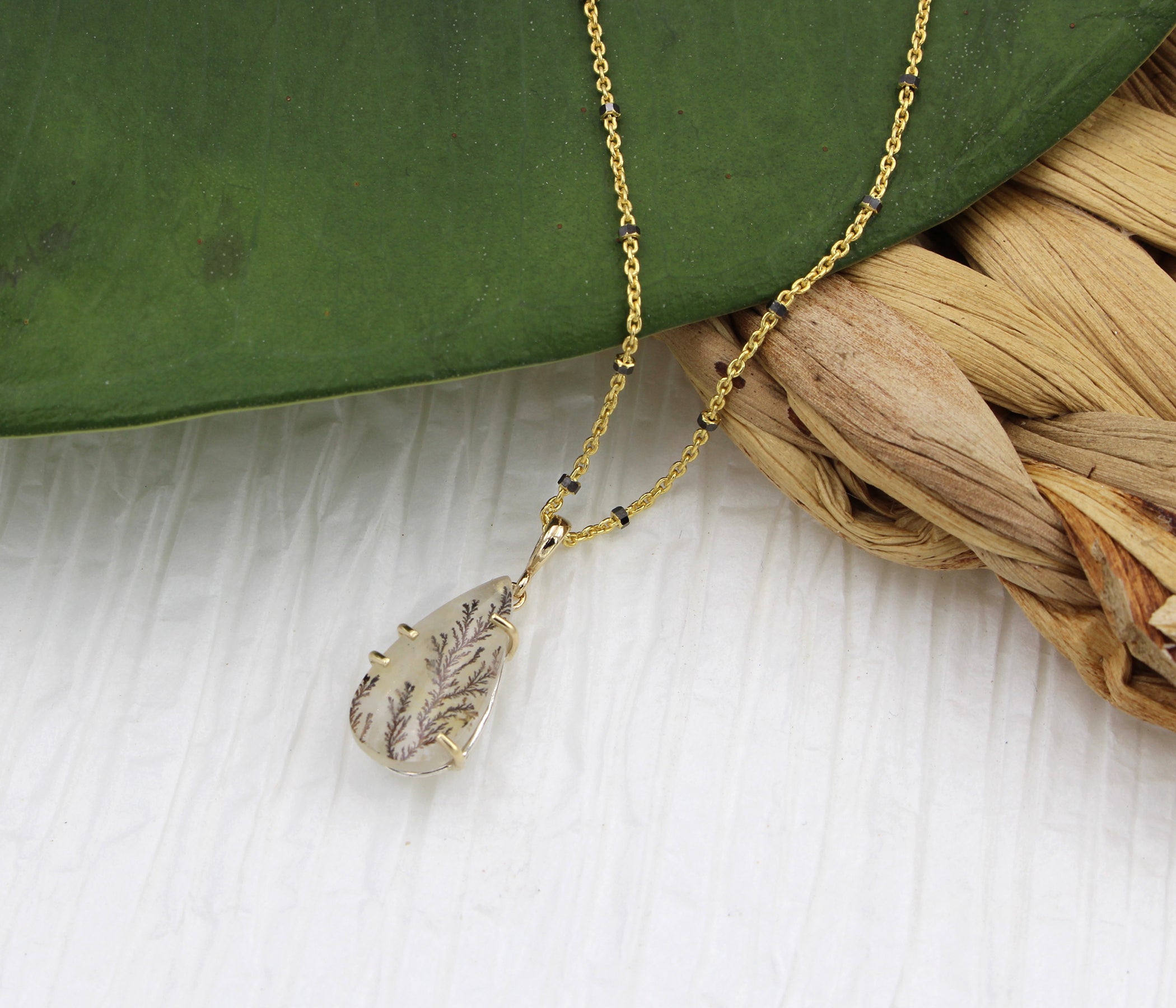 Dendritic Quartz Floral Small Teardrop Gold Necklace