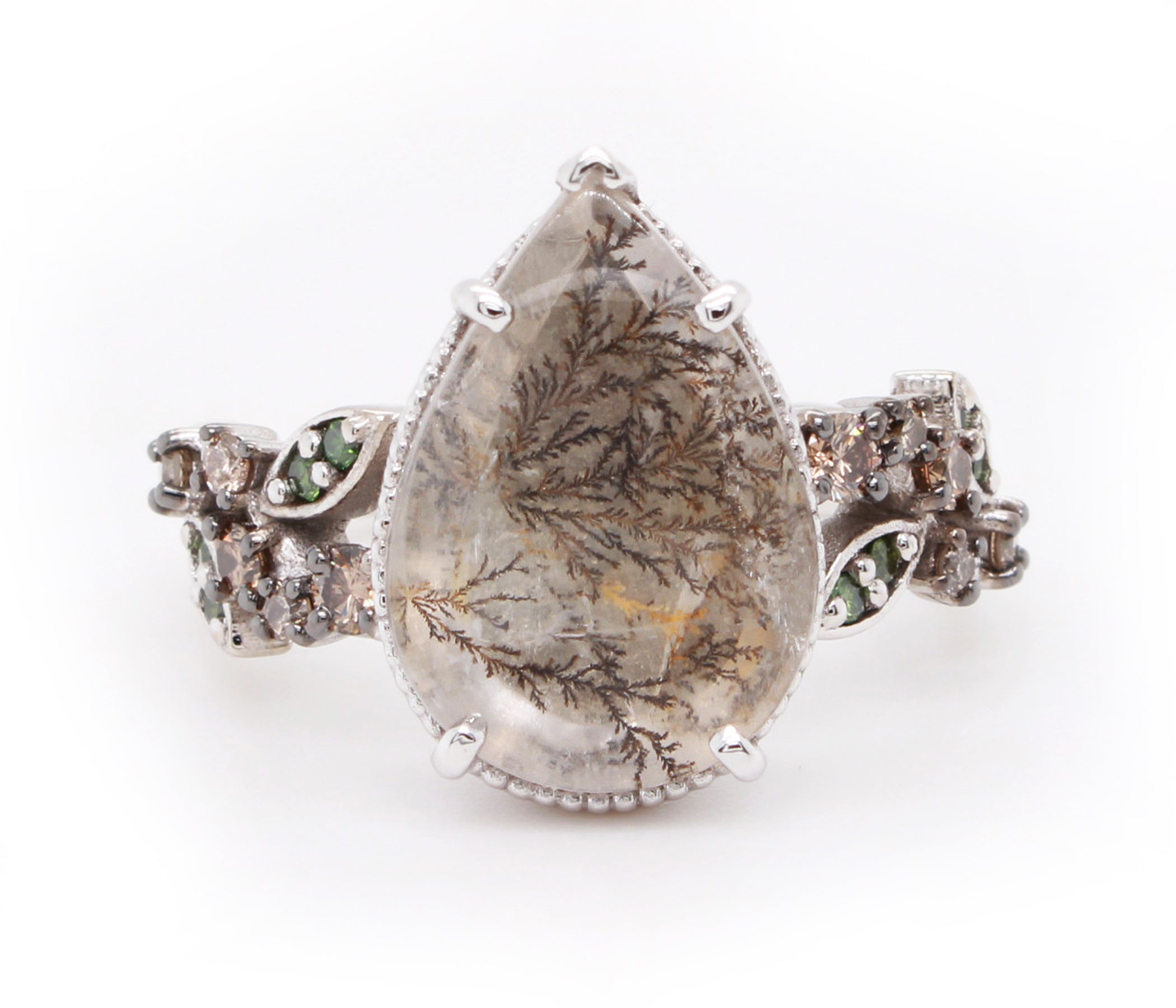 Dendritic Quartz Floral Teardrop Diamond Ring