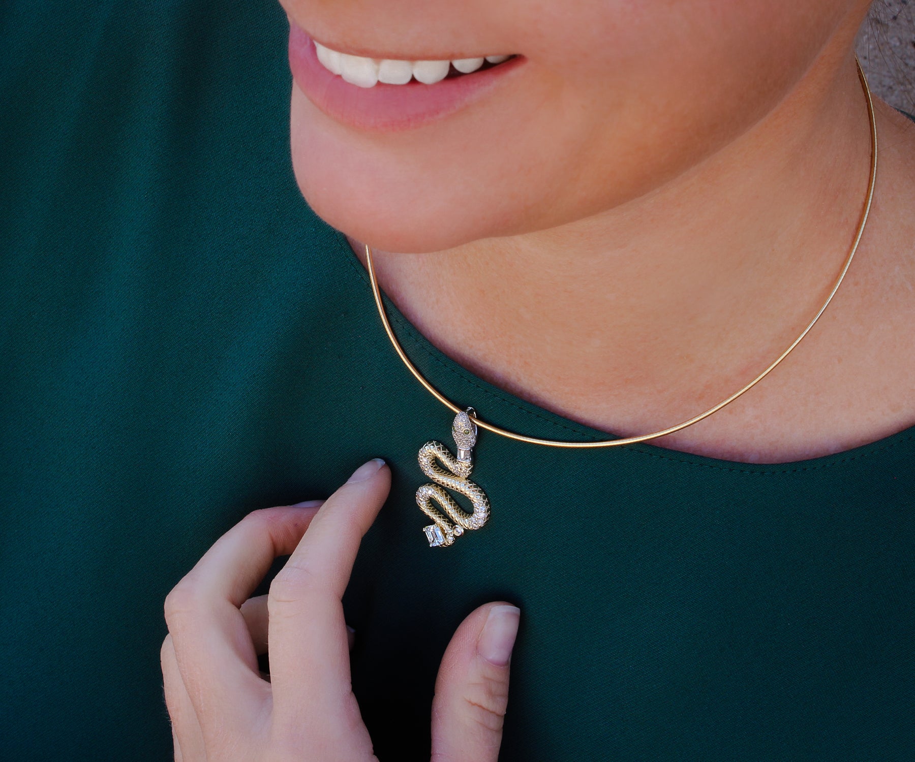 Green Diamond Snake Yellow Gold Necklace