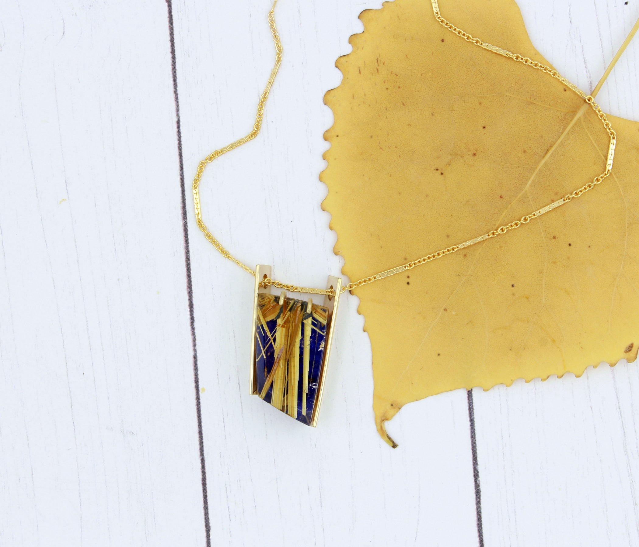 Double Bar Rutilated Quartz Lapis Gold Necklace