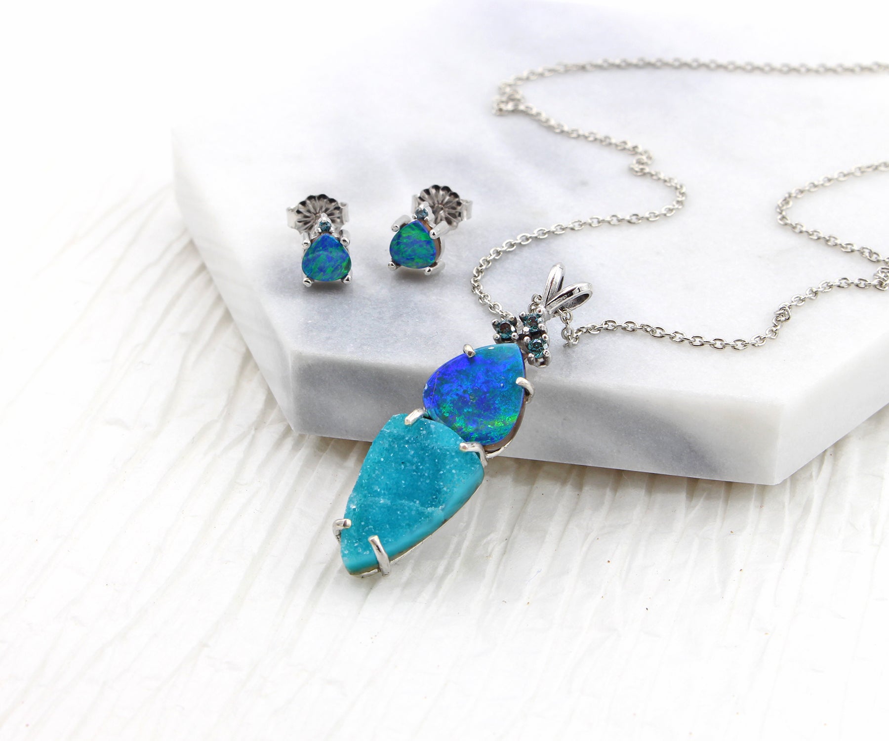 Double Drop Opal Blue Diamond Stud Earrings